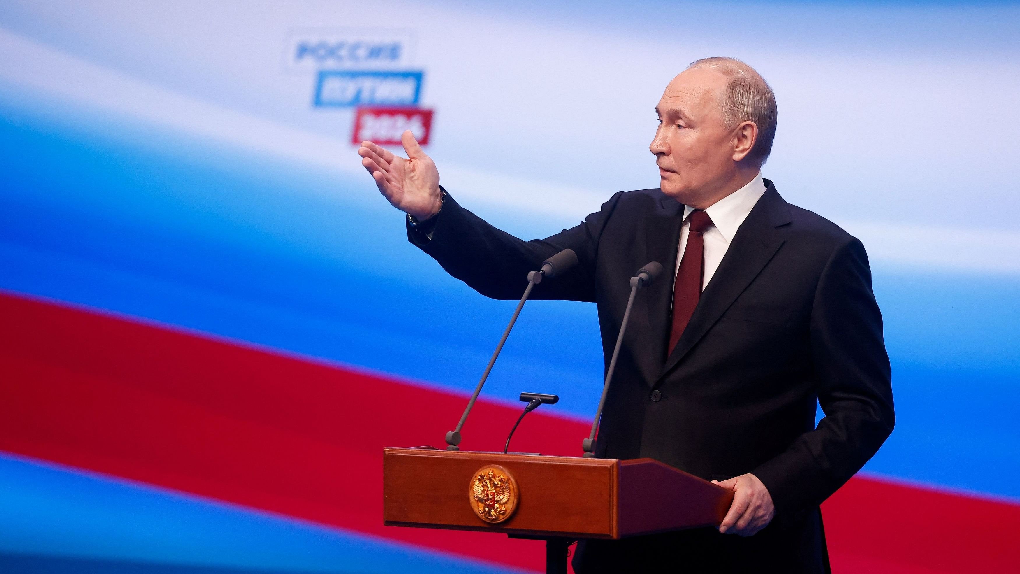 <div class="paragraphs"><p>Russian presidential candidate and incumbent President Vladimir Putin gestures as he speaks after polling stations closed, in Moscow, Russia, March 18, 2024. </p></div>