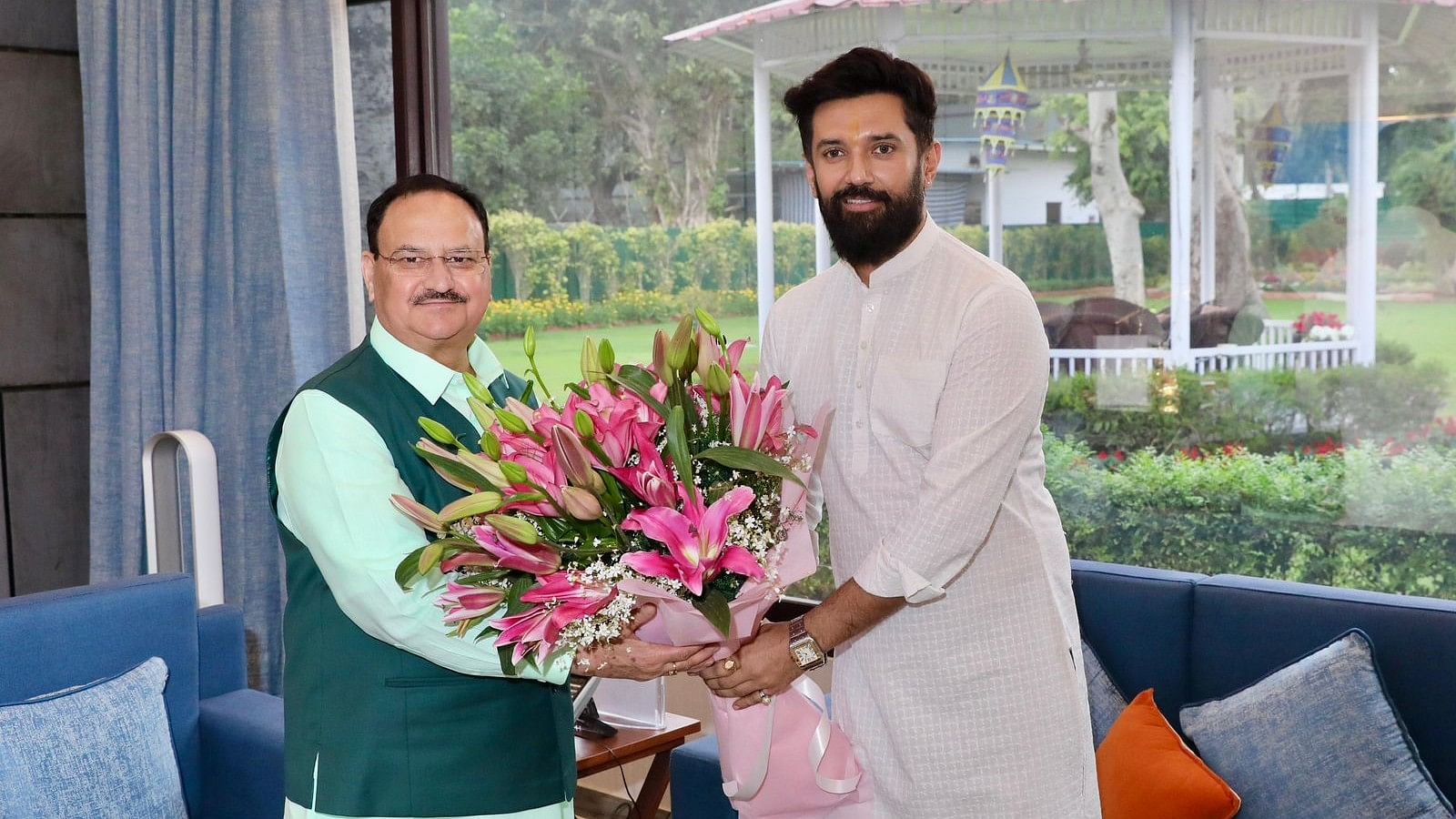 <div class="paragraphs"><p>BJP chief J P Nadda (L) and&nbsp; LJP (Ram Vilas) chief Chirag Paswan (R) during their meeting in Delhi, March 13, 2024.</p></div>