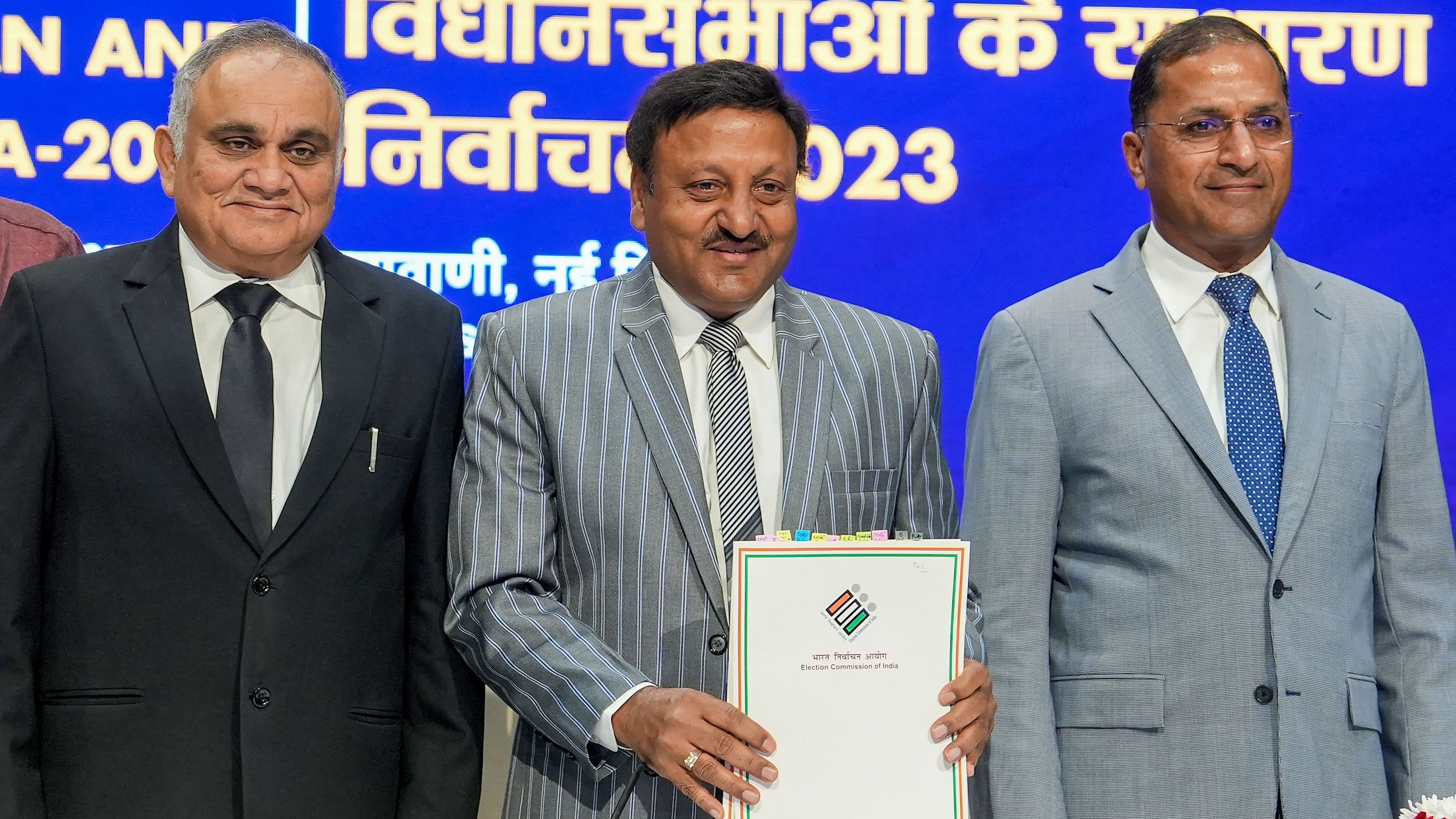 <div class="paragraphs"><p>Chief Election Commissioner Rajiv Kumar with former Election Commissioners Anup Chandra Pandey and Arun Goel during a press conference.</p></div>