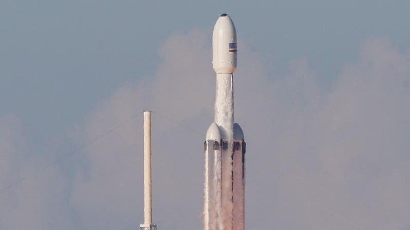 <div class="paragraphs"><p>A SpaceX Falcon Heavy rocket, carrying the Arabsat 6A communications satellite, lifts off from the Kennedy Space Center in Cape Canaveral Florida.</p></div>