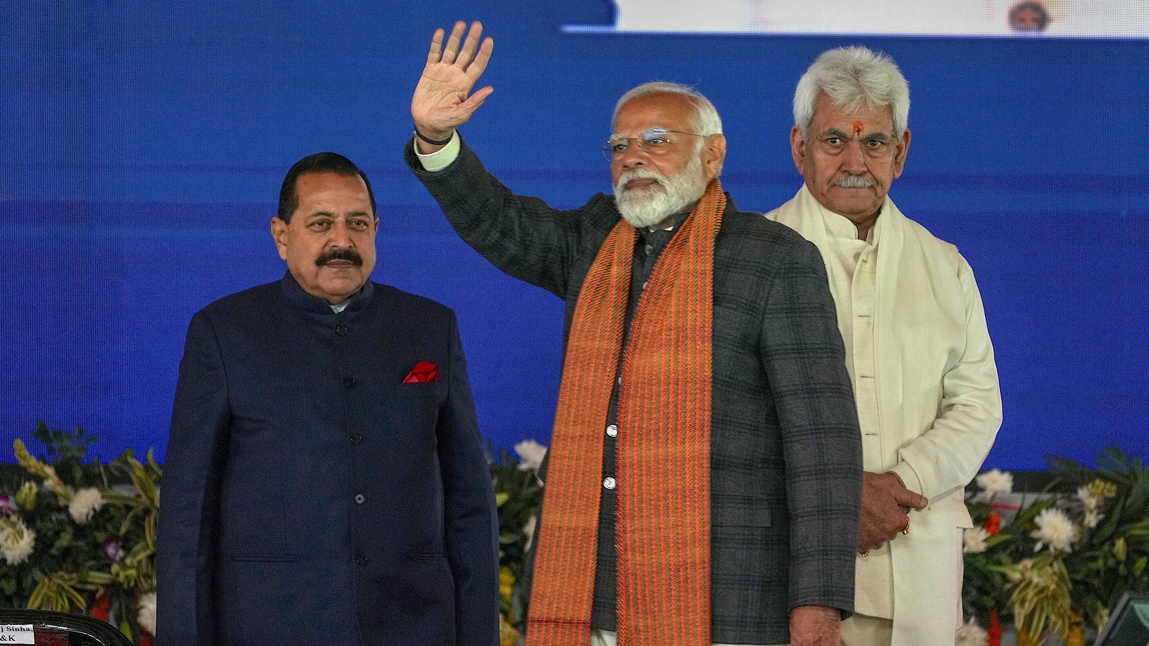 <div class="paragraphs"><p>Prime Minister Narendra Modi with Union MoS for Science &amp; Technology Jitendra Singh and J&amp;K Lt. Governor Manoj Sinha during the 'Viksit Bharat, Viksit Jammu &amp; Kashmir' programme, in Srinagar, Thursday, March 7, 2024. </p></div>