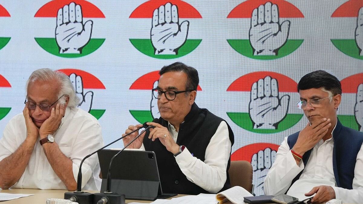 <div class="paragraphs"><p>Congress leaders Jairam Ramesh, Ajay Maken and Pawan Khera during a press conference, in New Delhi.&nbsp;</p></div>