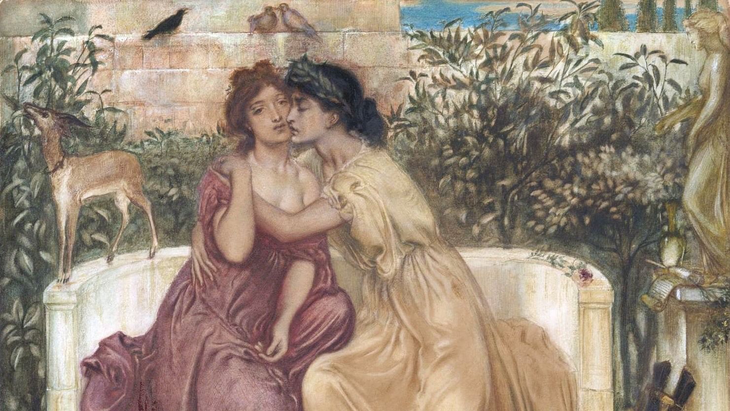 <div class="paragraphs"><p>Sappho and Erinna in a Garden at Mytilene’ is an 1864 painting that is perhaps one of the first depictions of&nbsp;same-sex female desire&nbsp;made for a gallery-going audience in the West by painter Simeon Solomon, a Jewish artist from Victorian England. </p></div>