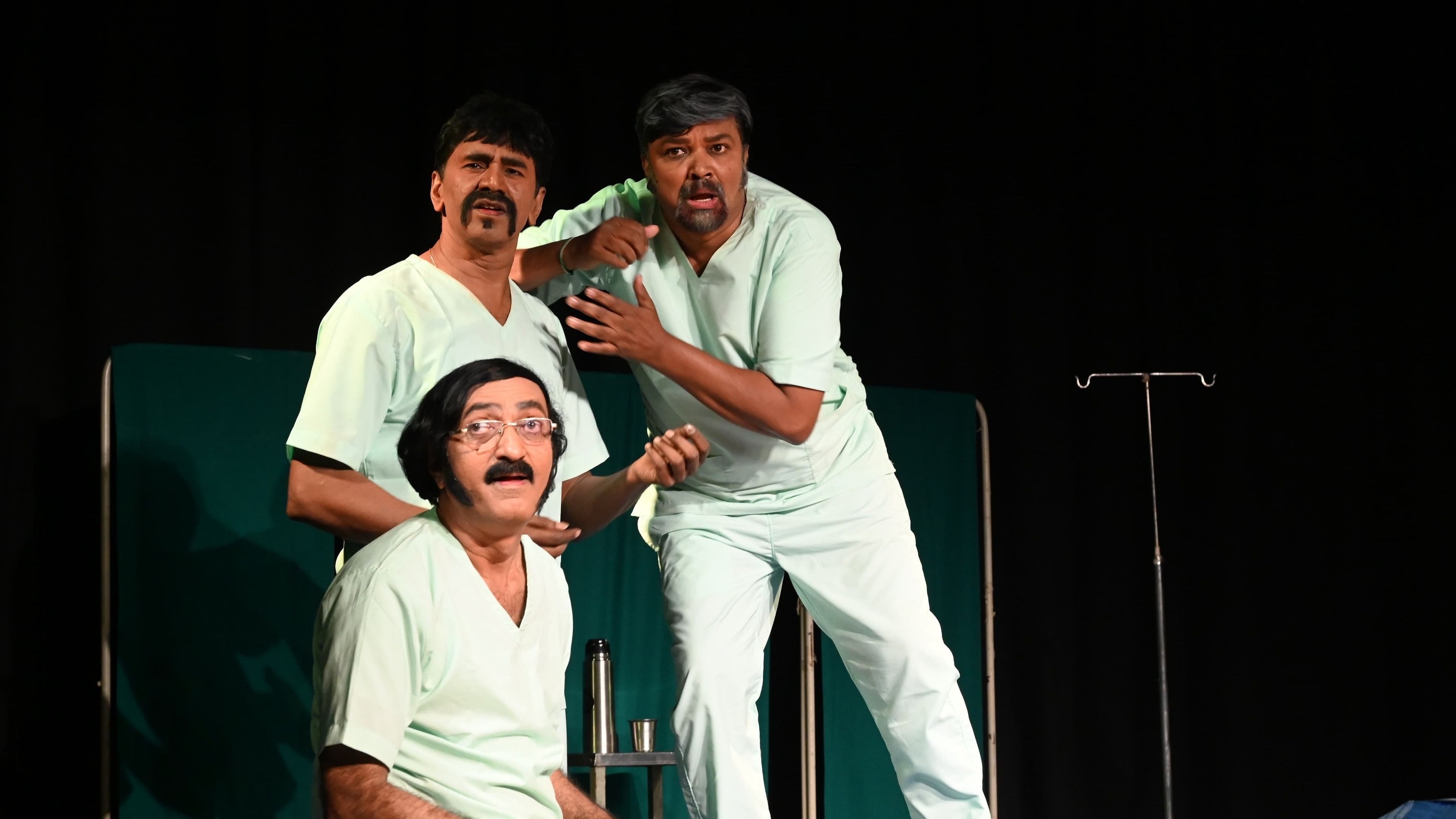 (From left) Shrinath A R, Somashekhar Bevinahalli and Krishna Arunachalam enact the roles of Bheemachari, Suchendra Prasad and Mr Rao in the play ‘Mr Rao and Associates’.