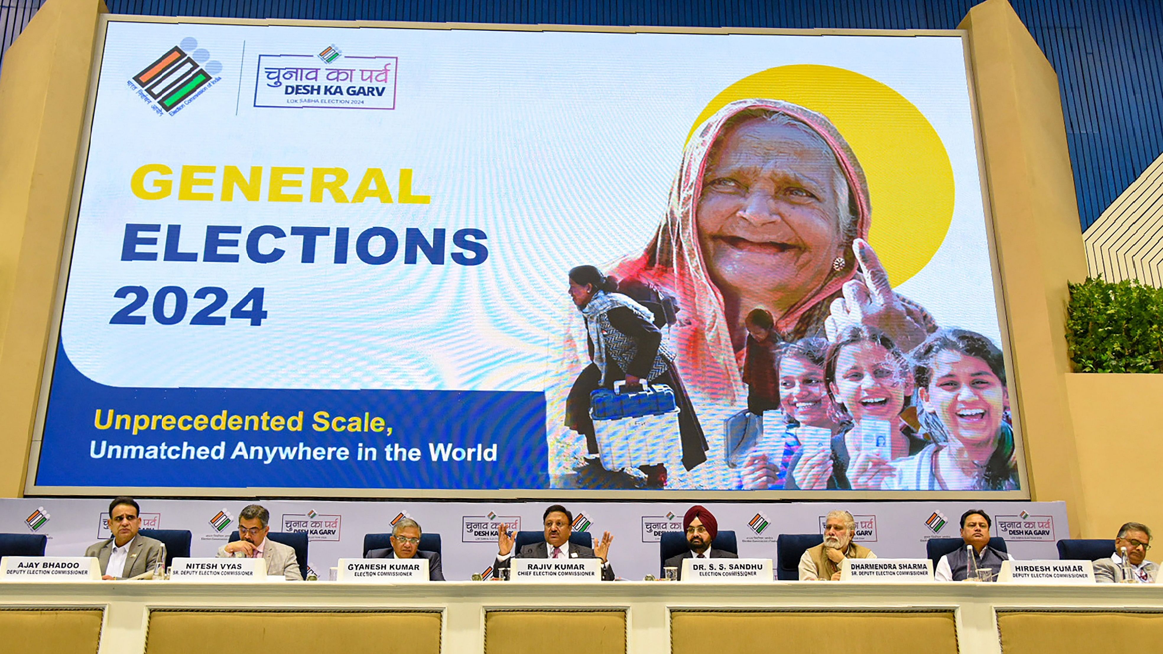 <div class="paragraphs"><p>Chief Election Commissioner Rajiv Kumar with Election Commissioners Gyanesh Kumar and S.S. Sandhu during the announcement of the schedule for General Elections 2024, and elections to the Legislative Assemblies of Andhra Pradesh, Sikkim, Arunachal Pradesh and Odisha, in New Delhi, Saturday, March 16, 2024. Lok Sabha elections will be held in seven phases beginning from April 19 and results will be announced on June 4. </p></div>