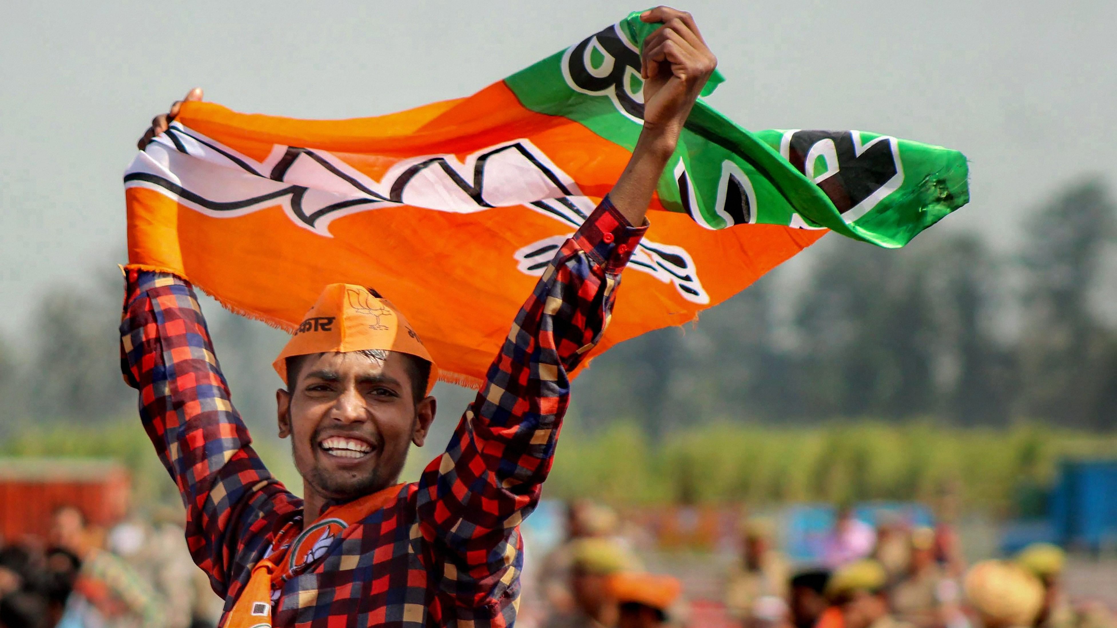 <div class="paragraphs"><p>A BJP supporter waves the party flag</p></div>