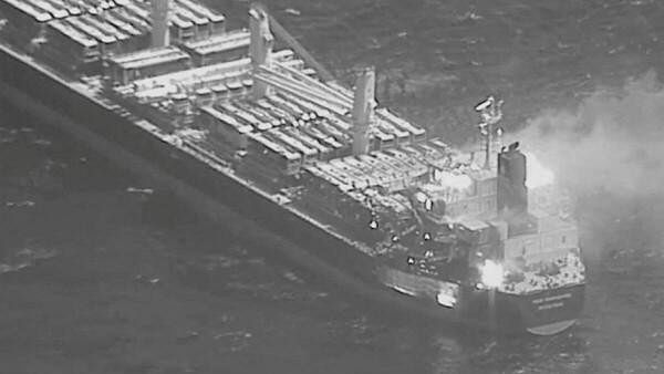 <div class="paragraphs"><p>An aerial view of the Barbados-flagged ship True Confidence ablaze following a Houthi missile attack at sea, March 6, 2024, in this handout photo.</p></div>