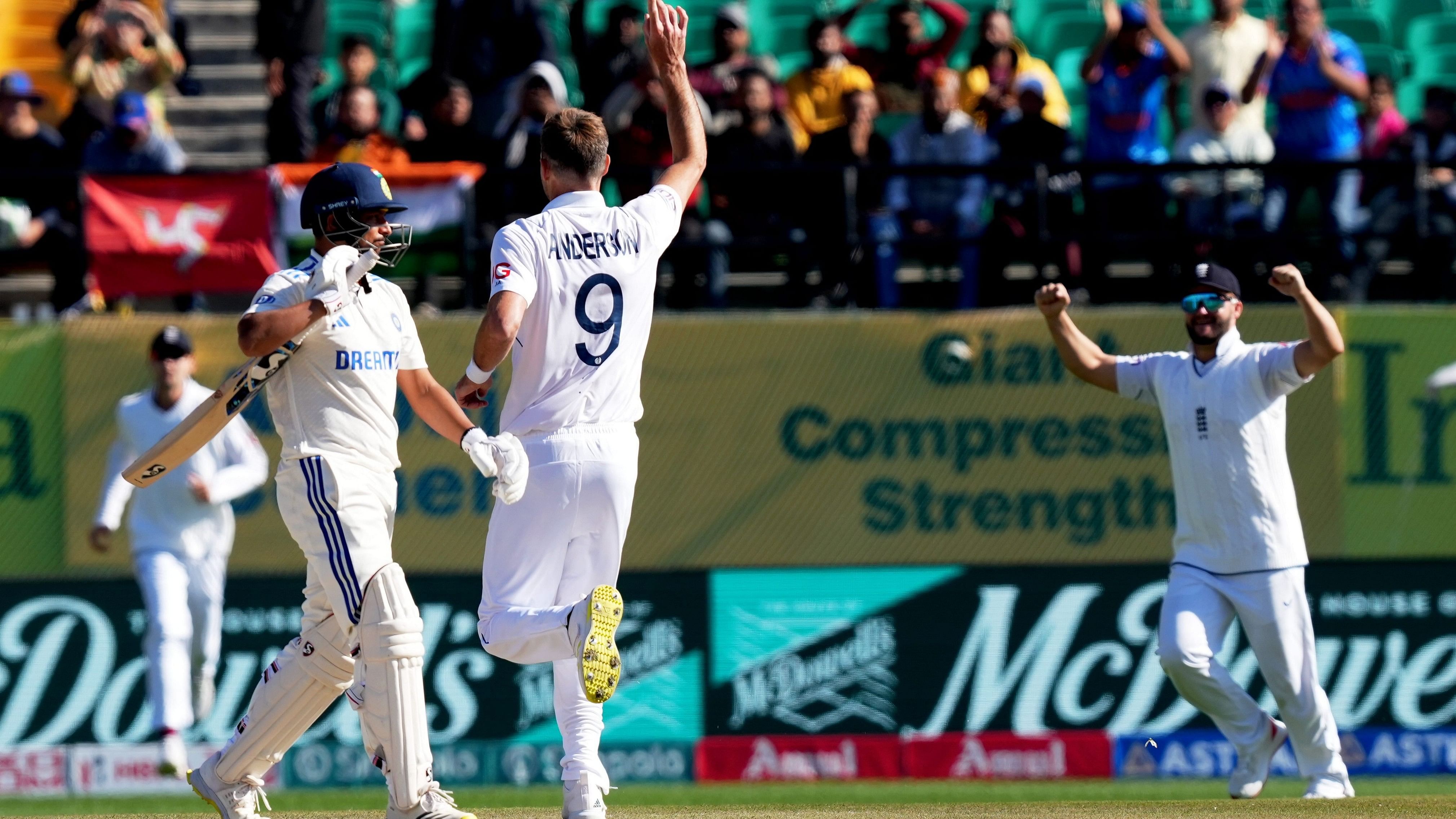 <div class="paragraphs"><p>England's James Anderson with teammate celebrates after taking the wicket of India's Kuldeep Yadav during the 3rd day of the fifth Test cricket match between India and England, in Dharamsala, Satutday, March 9, 2024. </p></div>