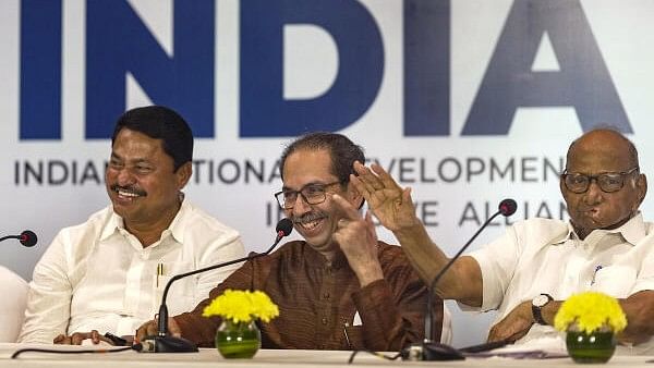 <div class="paragraphs"><p>Congress Maharashtra President Nana Patole, Shiv Sena (UBT) Chief Uddhav Thackeray and NCP chief Sharad Pawar during an MVA press conference.</p></div>