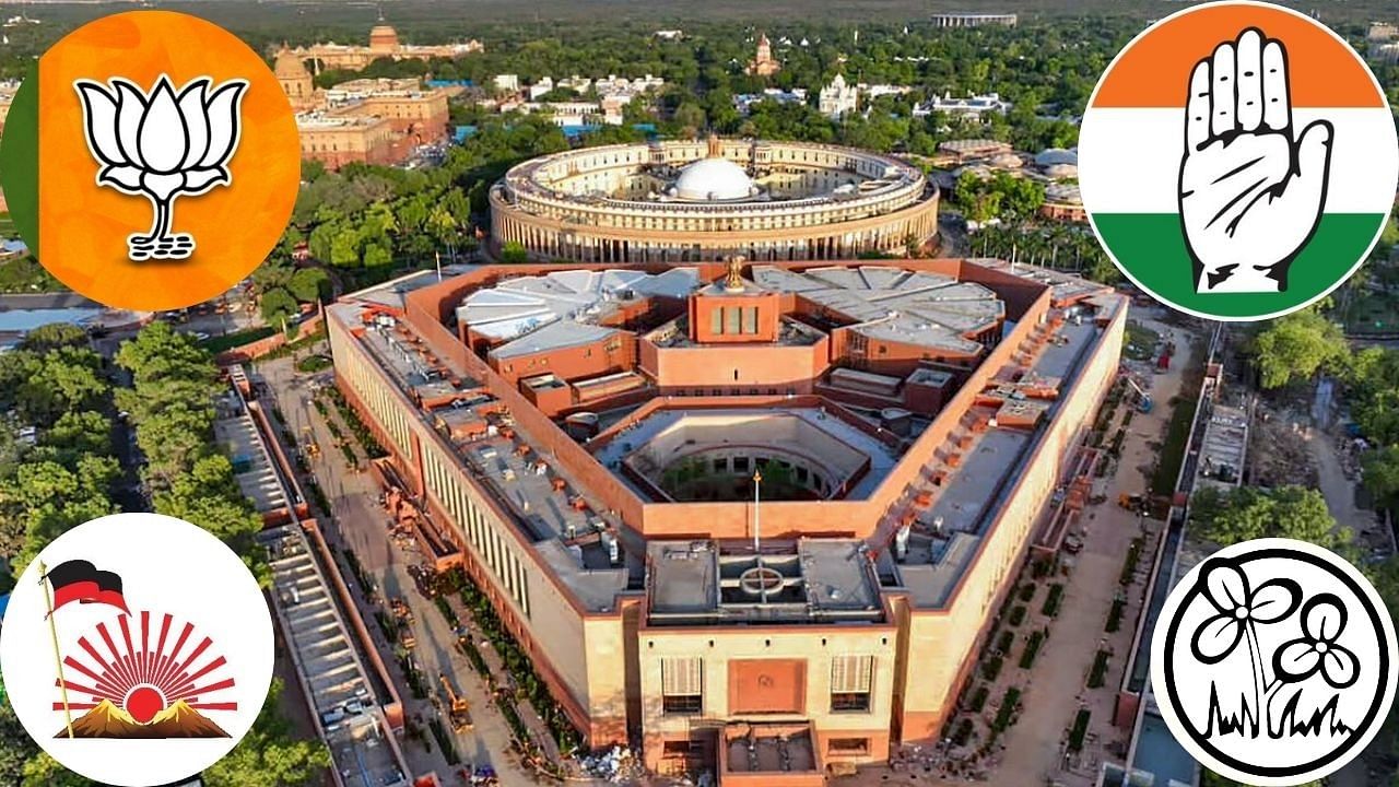 <div class="paragraphs"><p>View of the new Parliament building. Logos of parties with significant number of seats in the current Lok Sabha can be seen on the sides.&nbsp;</p></div>