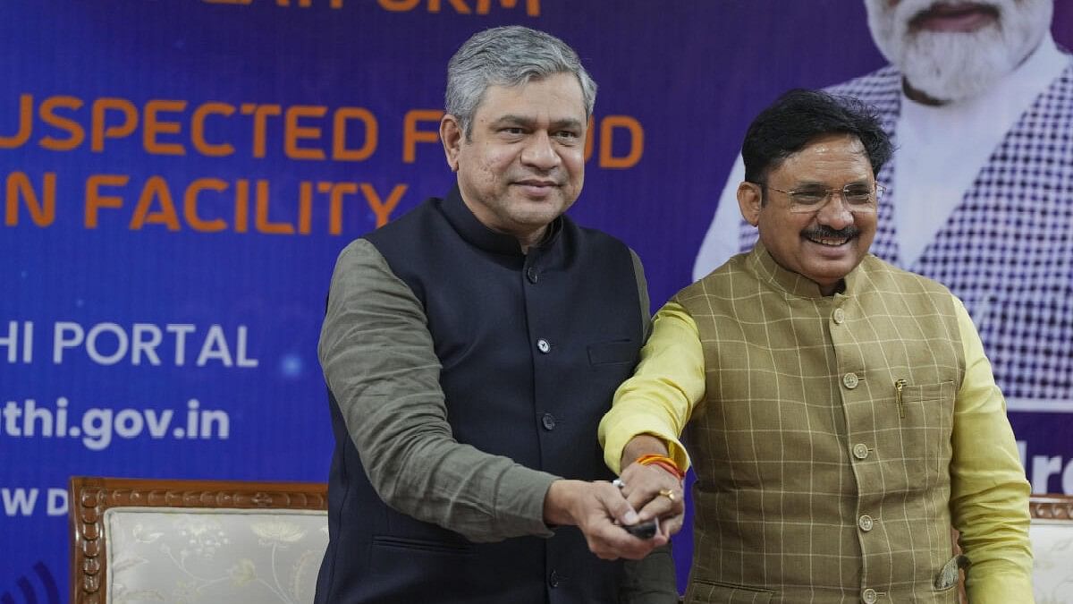 <div class="paragraphs"><p>Union Minister of Communications, Electronics &amp; Information Technology and Railways Ashwini Vaishnaw and MoS Devusinh Chauhan at the launch of Digital Intelligence Platform (DIP) and Chakshu-Report Suspected Fraud Communication Facility on Sanchar Saathi portal, in New Delhi.</p></div>