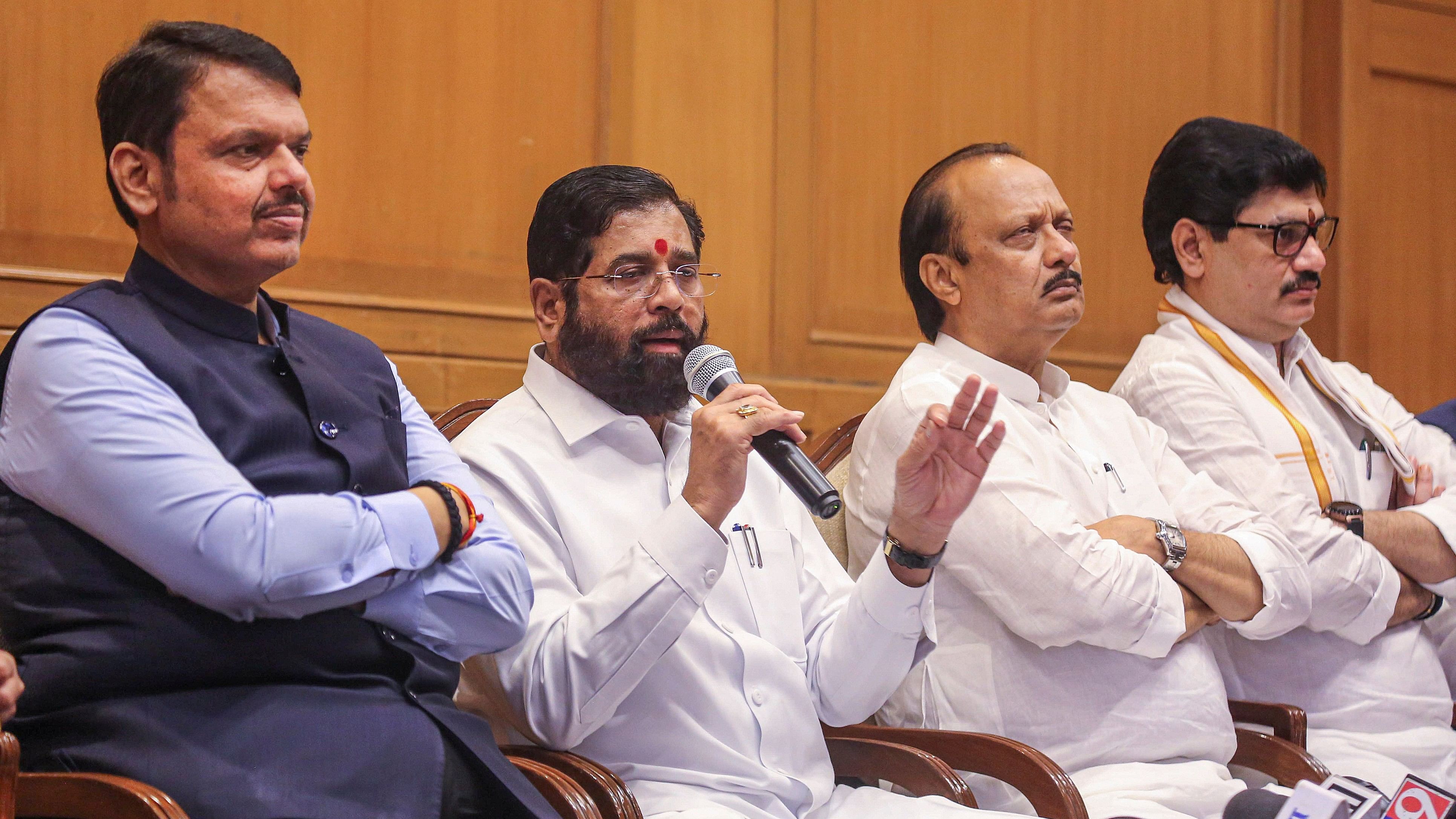 <div class="paragraphs"><p>Maharashtra Chief Minister Eknath Shinde with his deputies Devendra Fadnavis and Ajit Pawar addresses a press conference, in Mumbai, Saturday, March 16, 2024. </p></div>