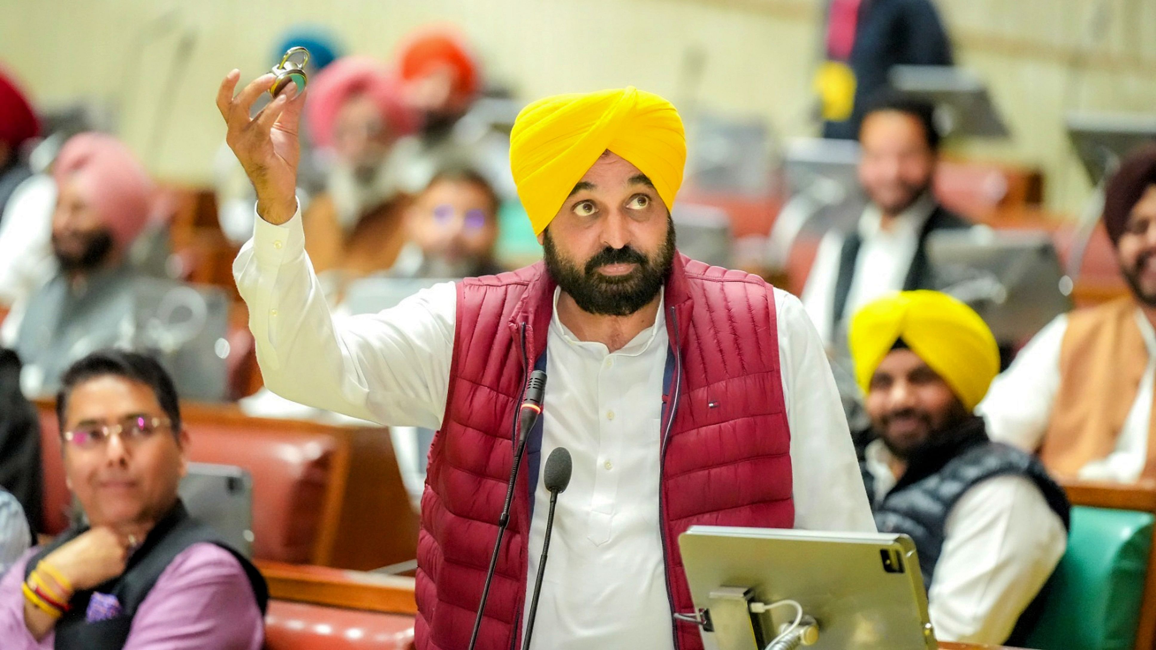 <div class="paragraphs"><p>Punjab Chief Minister Bhagwant Mann speaks during the Budget session of Punjab Legislative Assembly, in Chandigarh, on Monday.</p></div>