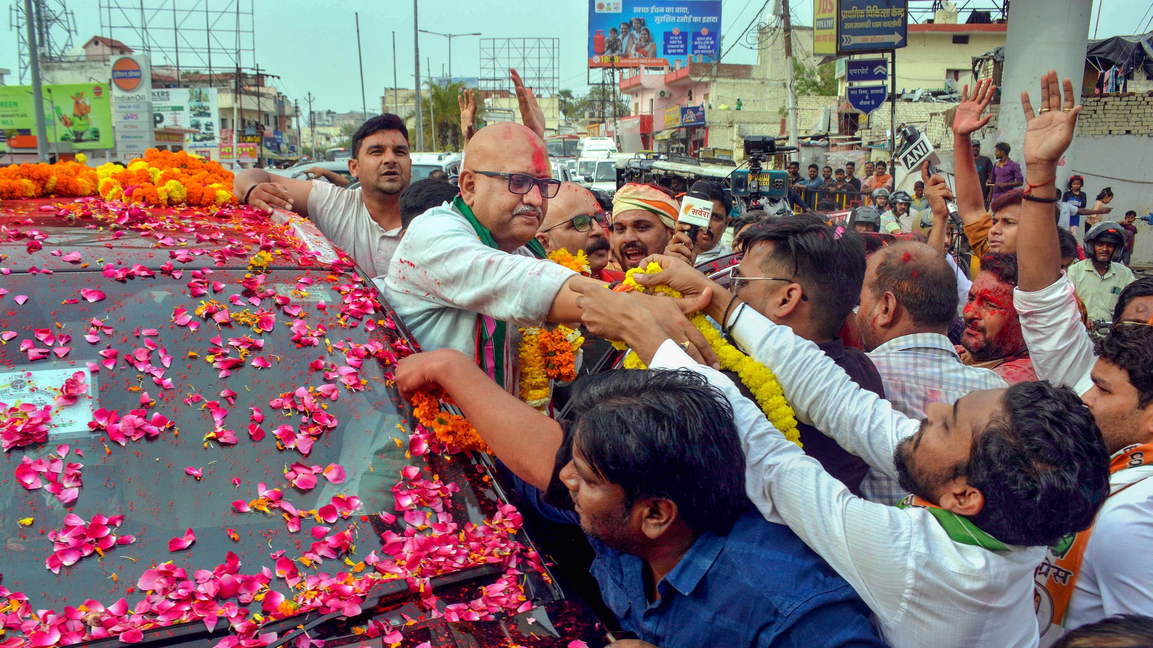 <div class="paragraphs"><p>UP Congress chief and party candidate for Varanasi Lok Sabha seat Ajai Rai being welcomed by supporters on his arrival in Varanasi, Sunday, March 24, 2024. </p></div>