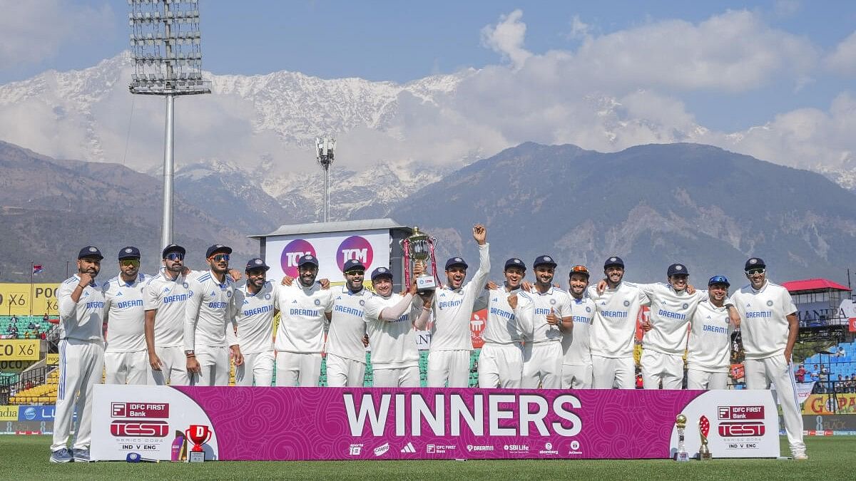 <div class="paragraphs"><p>Dharamsala: Indian players celebrate with trophy after winning the fifth Test cricket match over England, in Dharamsala, Saturday, March 9, 2024. India win the five-match series 4-1.</p></div>