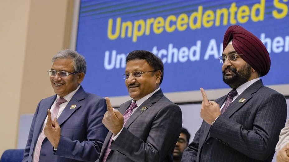 <div class="paragraphs"><p>Chief Election Commissioner Rajiv Kumar with Election Commissioners Gyanesh Kumar and S S Sandhu during announcement of the schedule for General Elections 2024.</p></div>