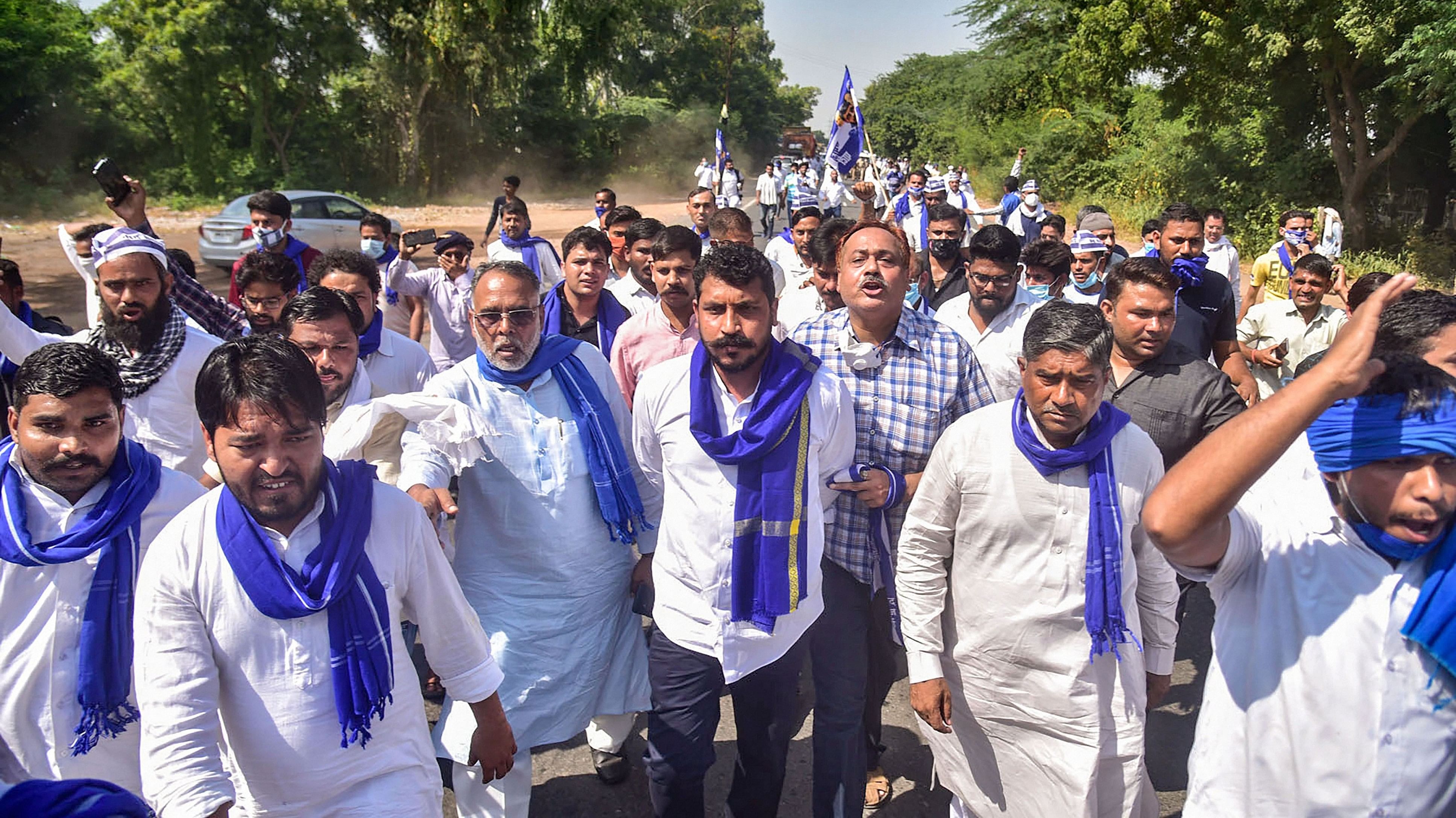 <div class="paragraphs"><p>Bhim Army President Chandrashekhar Azad along with party workers.</p></div>