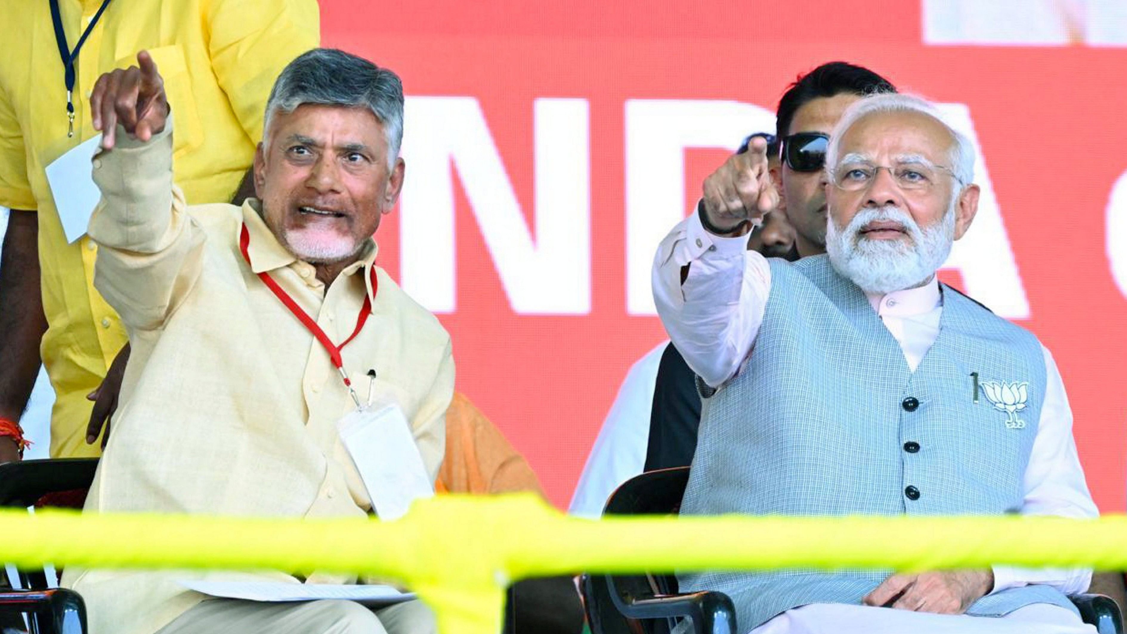 <div class="paragraphs"><p>Prime Minister Narendra Modi with TDP chief N Chandrababu Naidu during a public meeting in Palnadu, Sunday, March 17, 2024. </p></div>