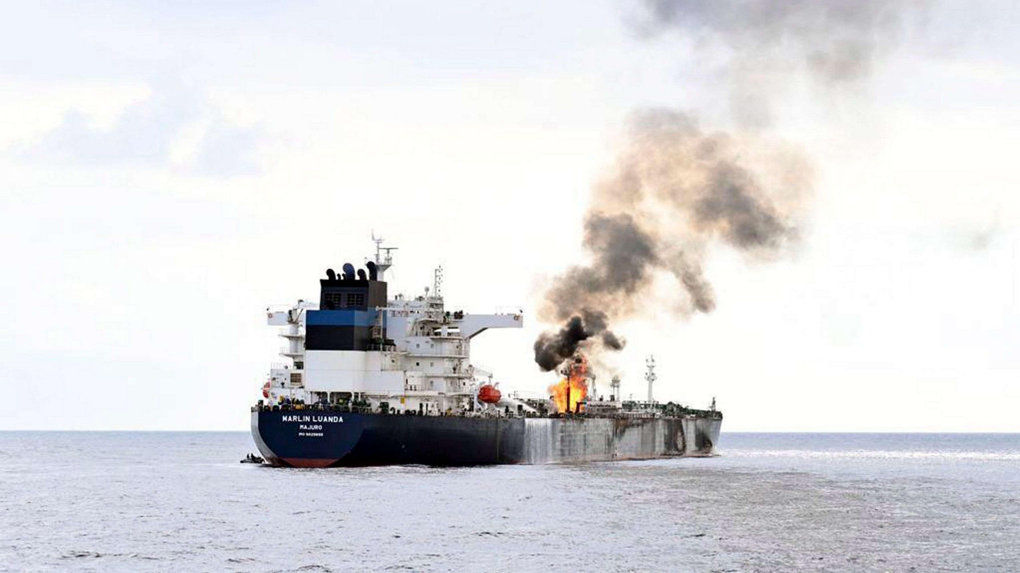 <div class="paragraphs"><p>In this photo provided by the Indian Navy on Saturday, Jan. 27, 2024, a view of the oil tanker Marlin Luanda on fire after an attack, in the Red sea. The crew aboard a Marshall Islands-flagged tanker hit by a missile launched by Yemen‚Äôs Houthi rebels is battling a fire onboard the stricken vessel sparked by the strike.</p></div>