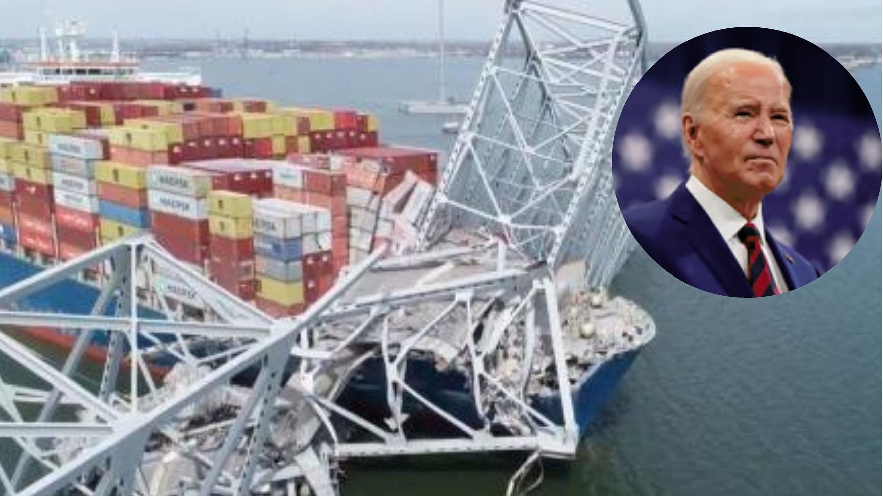 <div class="paragraphs"><p>A drone view of the Dali cargo vessel, which crashed into the Francis Scott Key Bridge causing it to collapse, in Baltimore, Maryland, US and US President Joe Biden.</p></div>