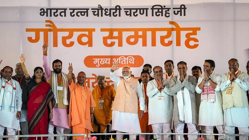 <div class="paragraphs"><p>Prime Minister Narendra Modi with Uttar Pradesh Chief Minister Yogi Adityanath and other NDA leaders during an election campaign rally ahead of Lok Sabha polls, in Meerut, Sunday, March 31, 2024.</p></div>