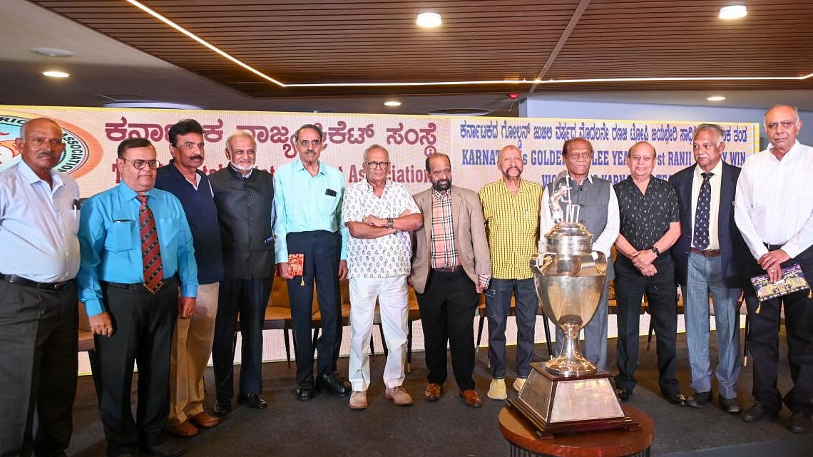 <div class="paragraphs"><p>Members of Karnataka team which won its first Ranji Trophy in 1974 being felicitated by Karnataka State Cricket Association in Bengaluru. (From Left) S Vijayaprakash, Siddarama, Arunakumar, Brijesh Patel, B S Chandrasekhar, E Prasanna, G R Vishwanath, Syed Kirmani, Sudhakar Rao, B Raghunath, A V Jayaprakash and Sanjay Desai.</p></div>