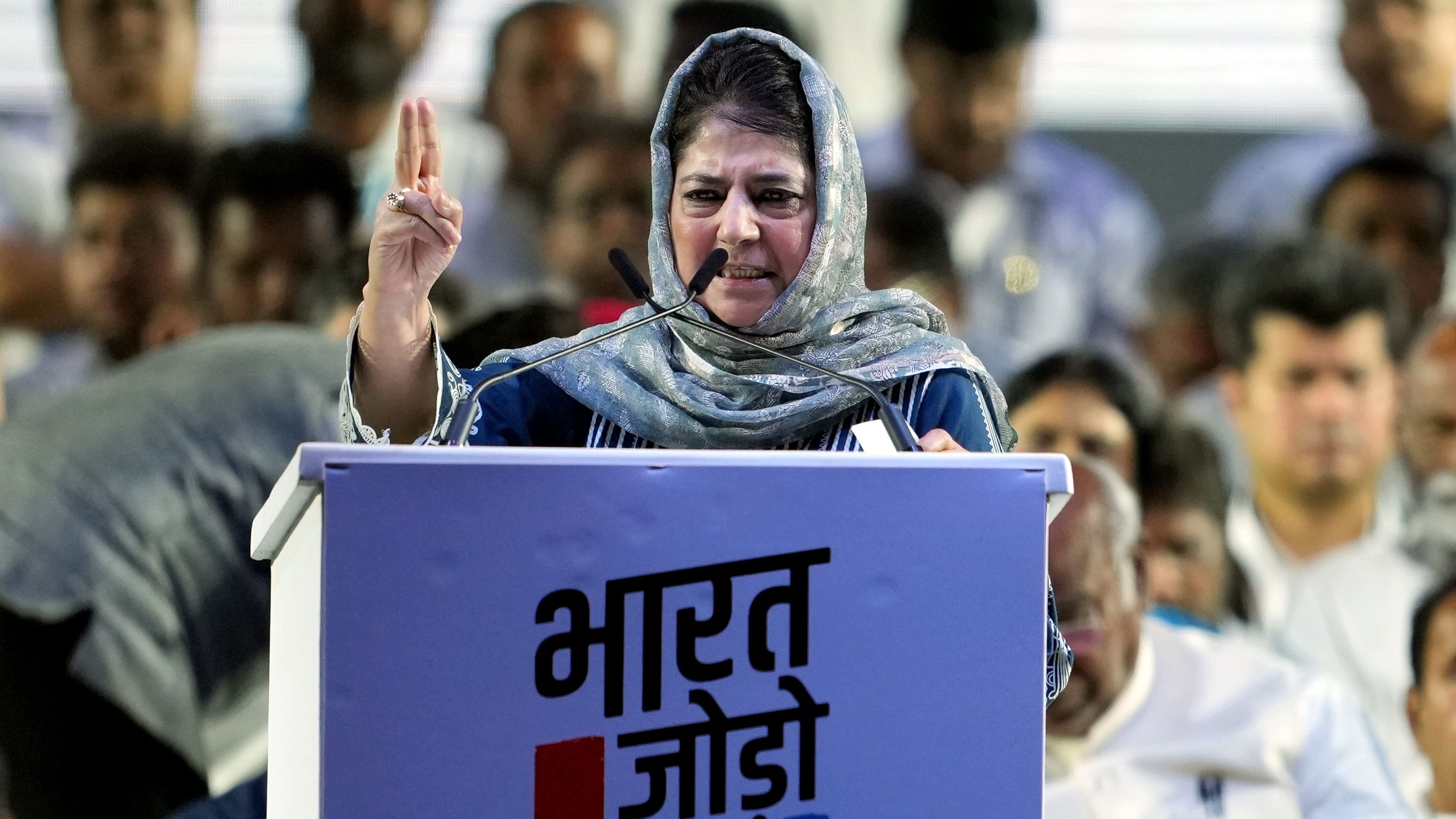 <div class="paragraphs"><p>PDP chief Mehbooba Mufti speaks during a rally at the conclusion of the Bharat Jodo Nyay Yatra, in Mumbai.</p></div>
