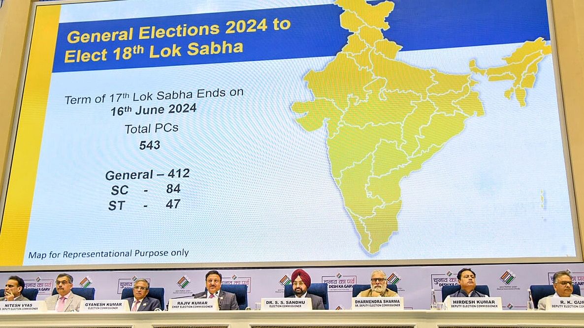 <div class="paragraphs"><p>CEC Rajiv Kumar with Election Commissioners Gyanesh Kumar and S S Sandhu during announcement of the schedule for General Elections 2024.&nbsp;</p></div>