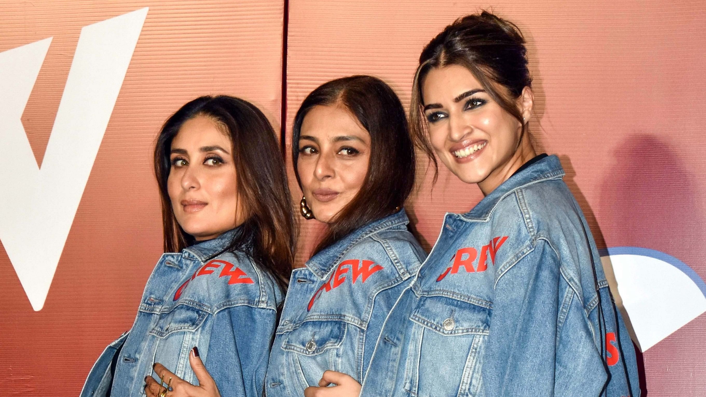 <div class="paragraphs"><p>Bollywood actors Kareena Kapoor Khan, Tabu and Kriti Sanon pose during the trailer launch of their upcoming film 'Crew', in Mumbai.</p></div>