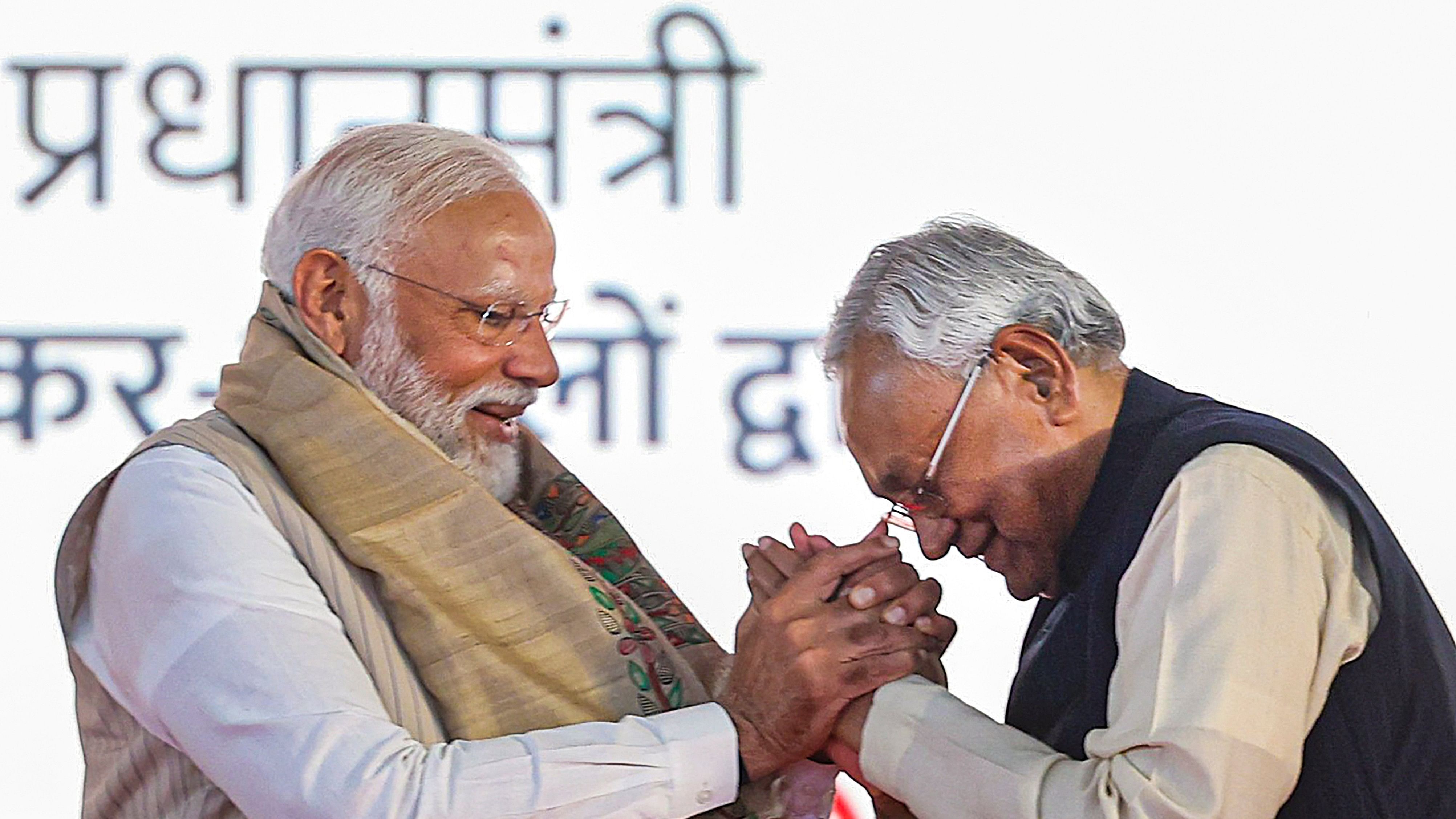 <div class="paragraphs"><p>File Photo: Prime Minister Narendra Modi being greeted by Bihar Chief Minister Nitish Kumar during the inauguration and foundation stone laying ceremony of various development projects, in Begusarai, Saturday, March 2, 2024.   </p></div>