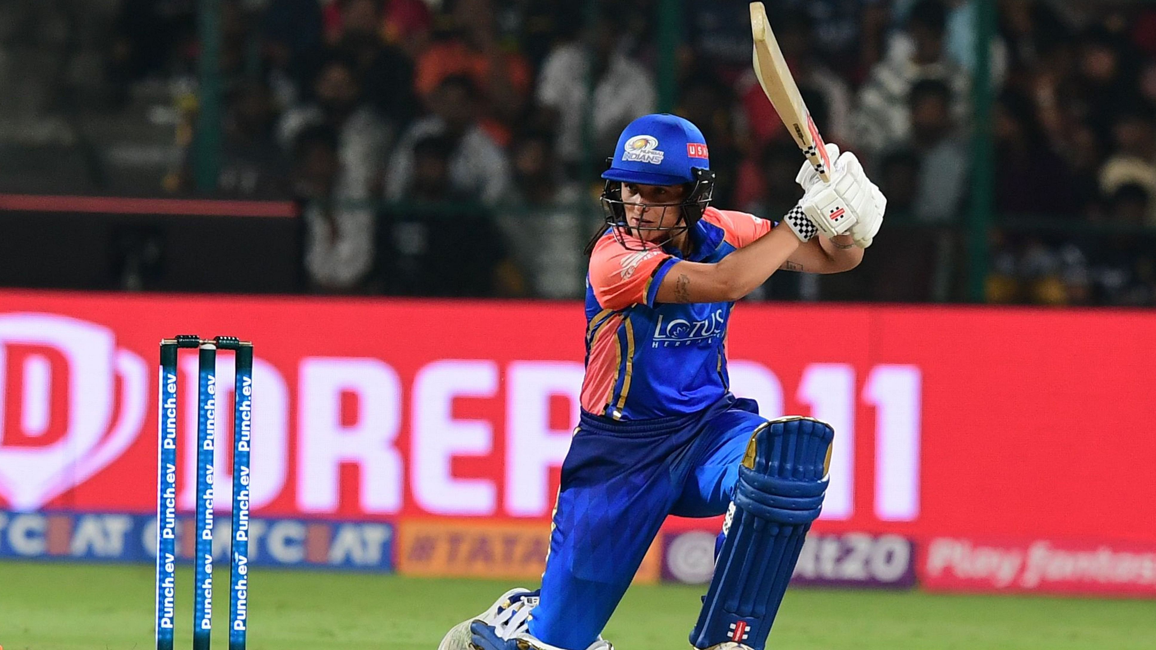 <div class="paragraphs"><p>Mumbai Indians' Amelia Kerr drives one during her match-winning 40 not out against Royal Challengers Bengaluru on Saturday. </p></div>