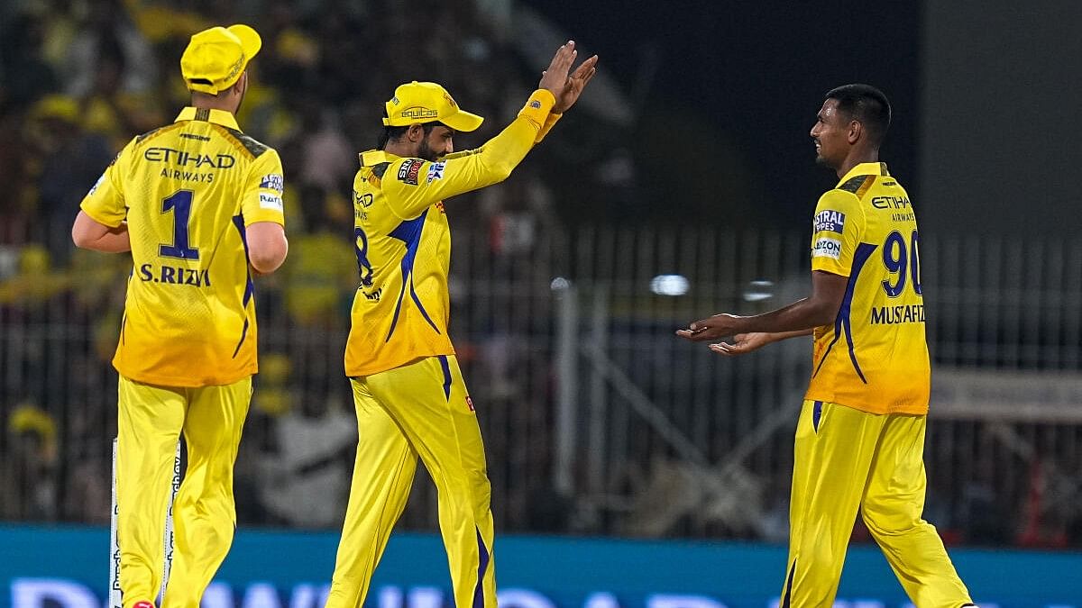 <div class="paragraphs"><p>Chennai Super Kings' Mustafizur Rahman celebrates with teammates the wicket of Royal Challengers Bengaluru batter Cameron Green during the Indian Premier League (IPL) 2024 cricket match between Chennai Super Kings and Royal Challengers Bengaluru at MA Chidambaram Stadium, in Chennai, Friday, March 22, 2024</p></div>