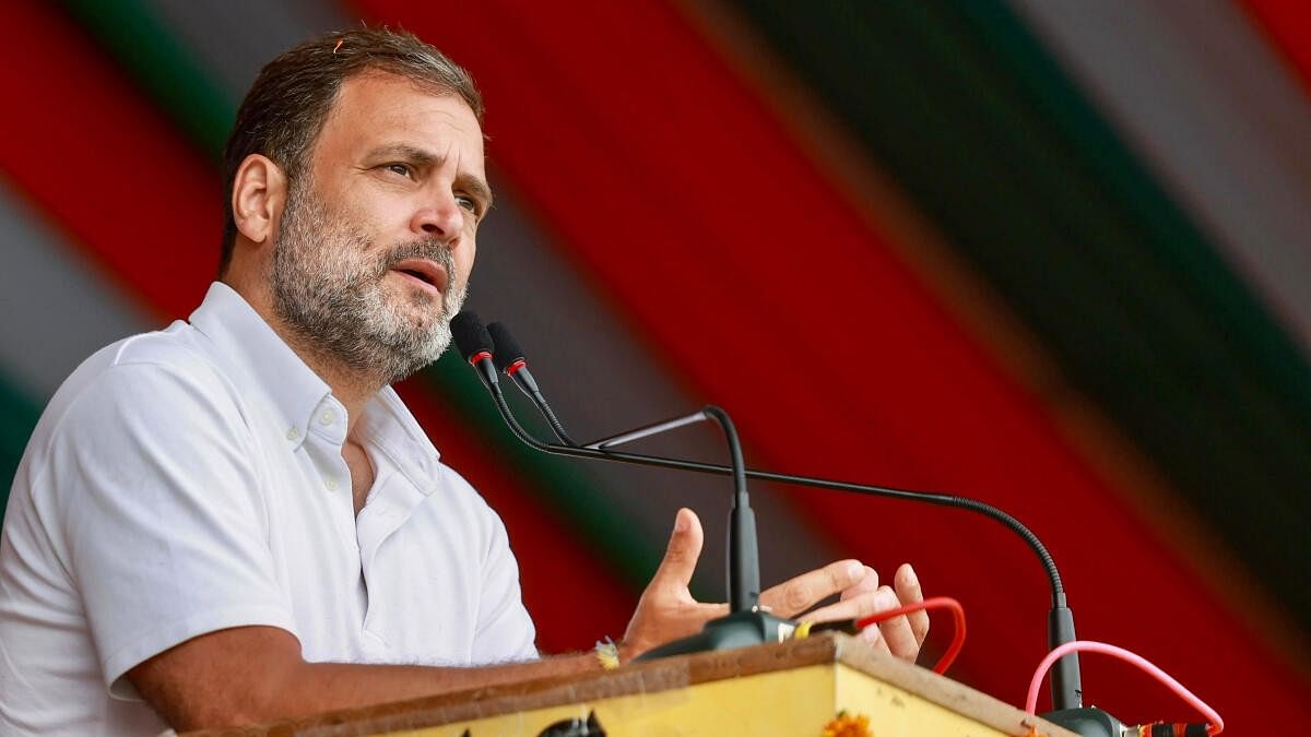 <div class="paragraphs"><p>Congress leader Rahul Gandhi addresses the gathering during the handover ceremony of the Indian flag as the ‘Bharat Jodo Nyay Yatra’ enters Madhya Pradesh.</p></div>