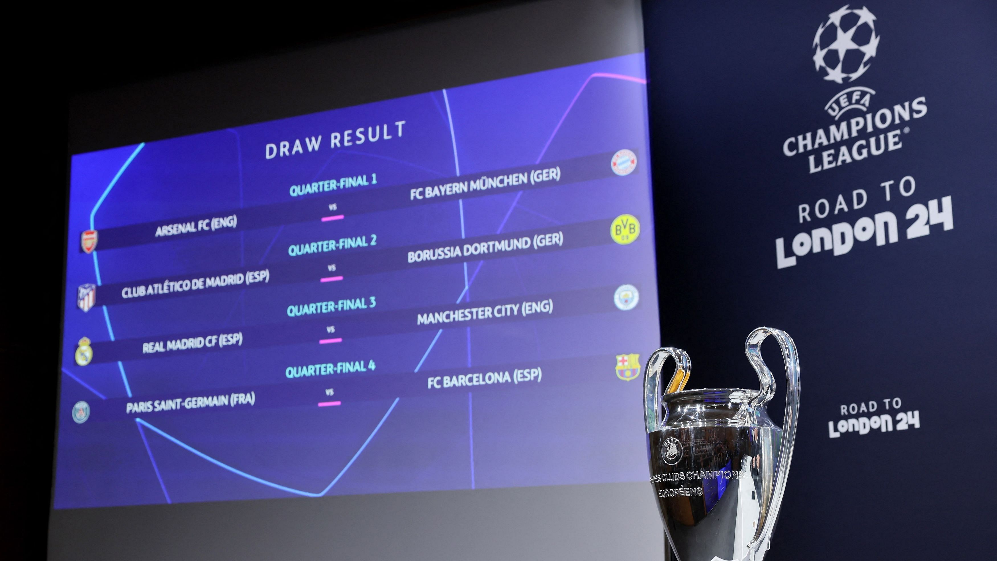 <div class="paragraphs"><p>A&nbsp;view of the Champions League trophy alongside the quarter final draw on the big screen.</p></div>