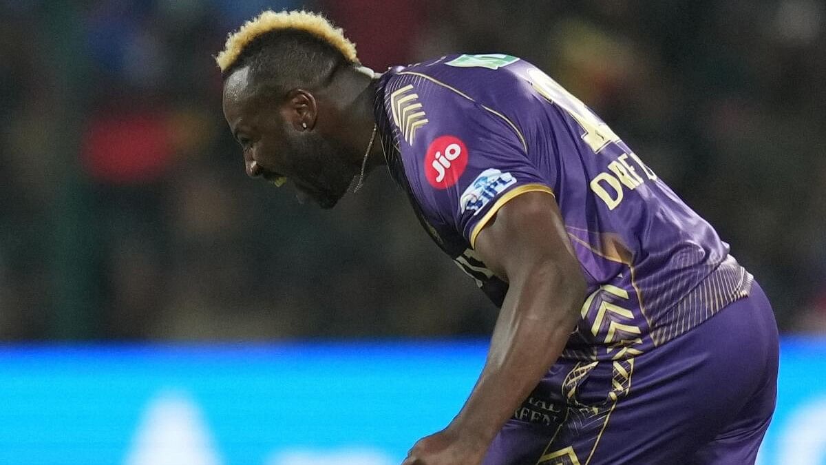 <div class="paragraphs"><p>Kolkata Knight Riders' Andre Russell celebrates the wicket of Royal Challengers Bengaluru’s Cameron Green during the Indian Premier League (IPL) 2024 T20 cricket match between Royal Challengers Bengaluru and Kolkata Knight Riders, at M Chinnaswamy Stadium, in Bengaluru, Friday, March 29, 2024.</p></div>