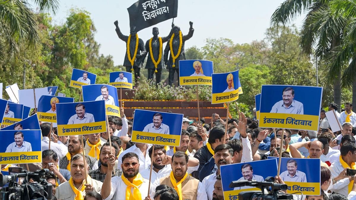 <div class="paragraphs"><p>AAP workers and supporters at Shaheedi Park during a protest over the arrest of Delhi Chief Minister Arvind Kejriwal in connection with an excise policy-linked money-laundering case on March 23. Image for representation only.&nbsp;</p></div>