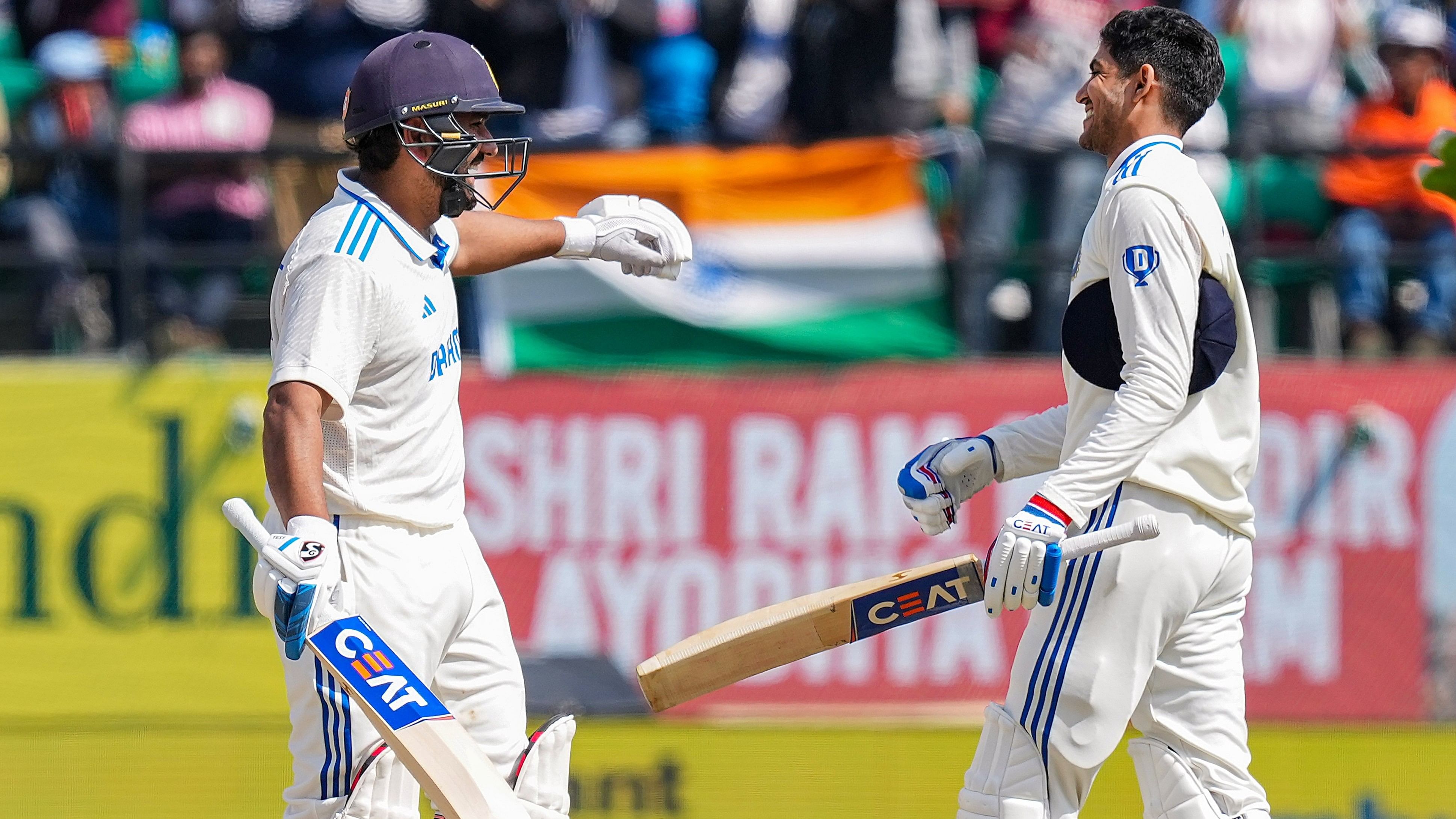<div class="paragraphs"><p>India's Shubman Gill being greeted by Rohit Sharma after he hit century during the second day of the fifth Test cricket match between India and England, in Dharamsala, Friday on March 8, 2024.</p></div>
