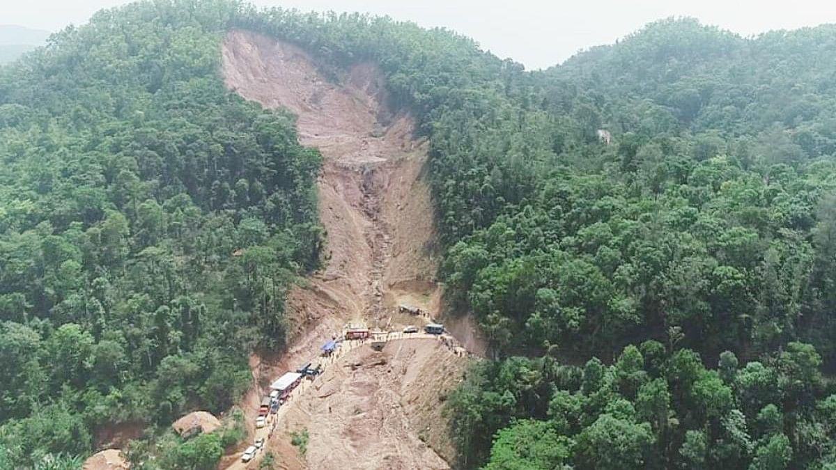 The current status of the place of landslide in Hebbattageri on Madikeri taluk, is depicted in a image captured through a drone, on Wednesday.