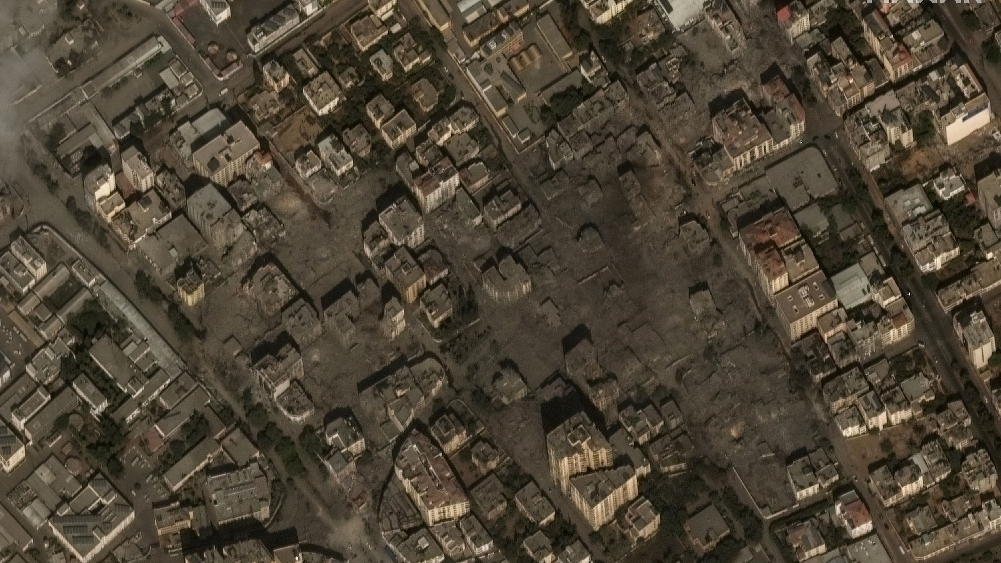 <div class="paragraphs"><p>Satellite view of the destroyed residential buildings in Gaza following Israeli strikes,.</p></div>