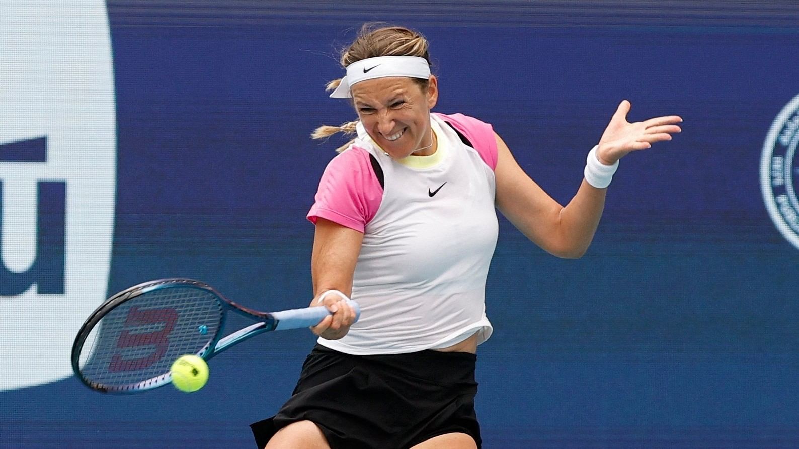<div class="paragraphs"><p>Victoria Azarenka hits a forehand against Elena Rybakina  on day eleven of the Miami Open at Hard Rock Stadium, on March 28, 2024.</p></div>