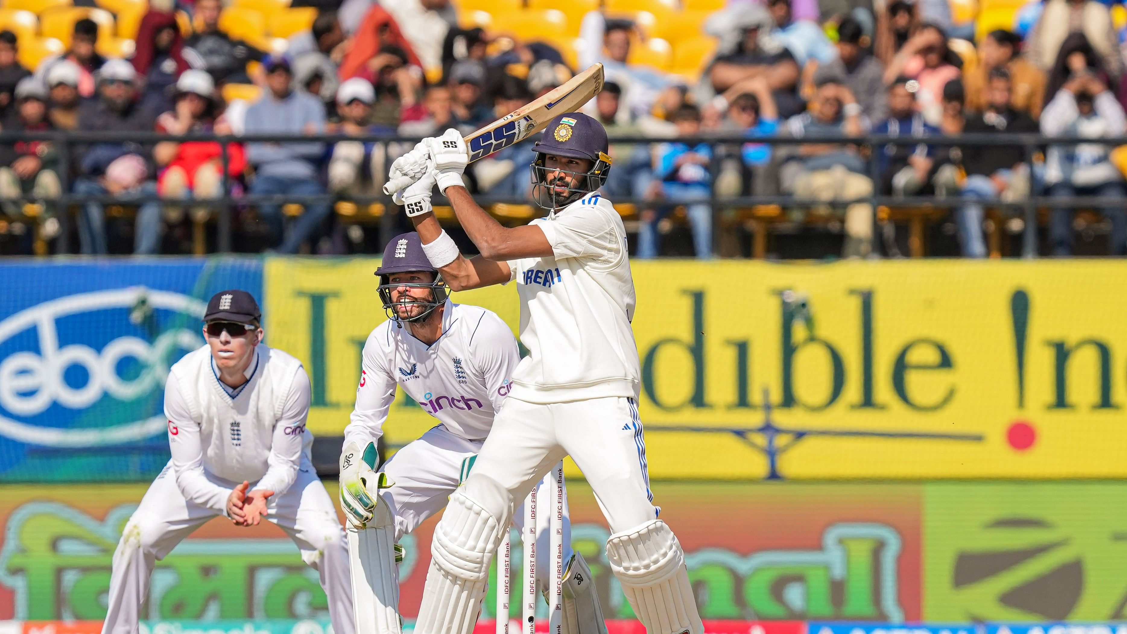 <div class="paragraphs"><p>Devdutt Padikkal plays a shot during the second day of the fifth Test cricket match between India and England, in Dharamsala.&nbsp;</p></div>