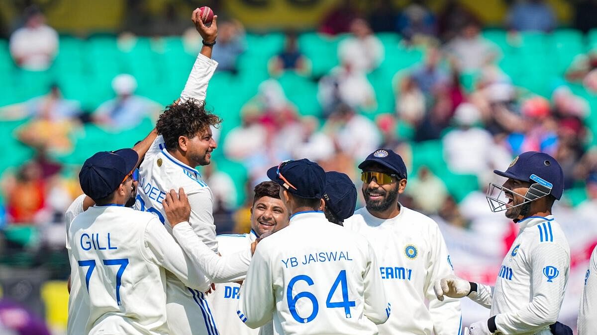 <div class="paragraphs"><p>Kuldeep Yadav celebrates after taking five wickets during the first day of the fifth cricket Test against England in Dharamshala.</p></div>