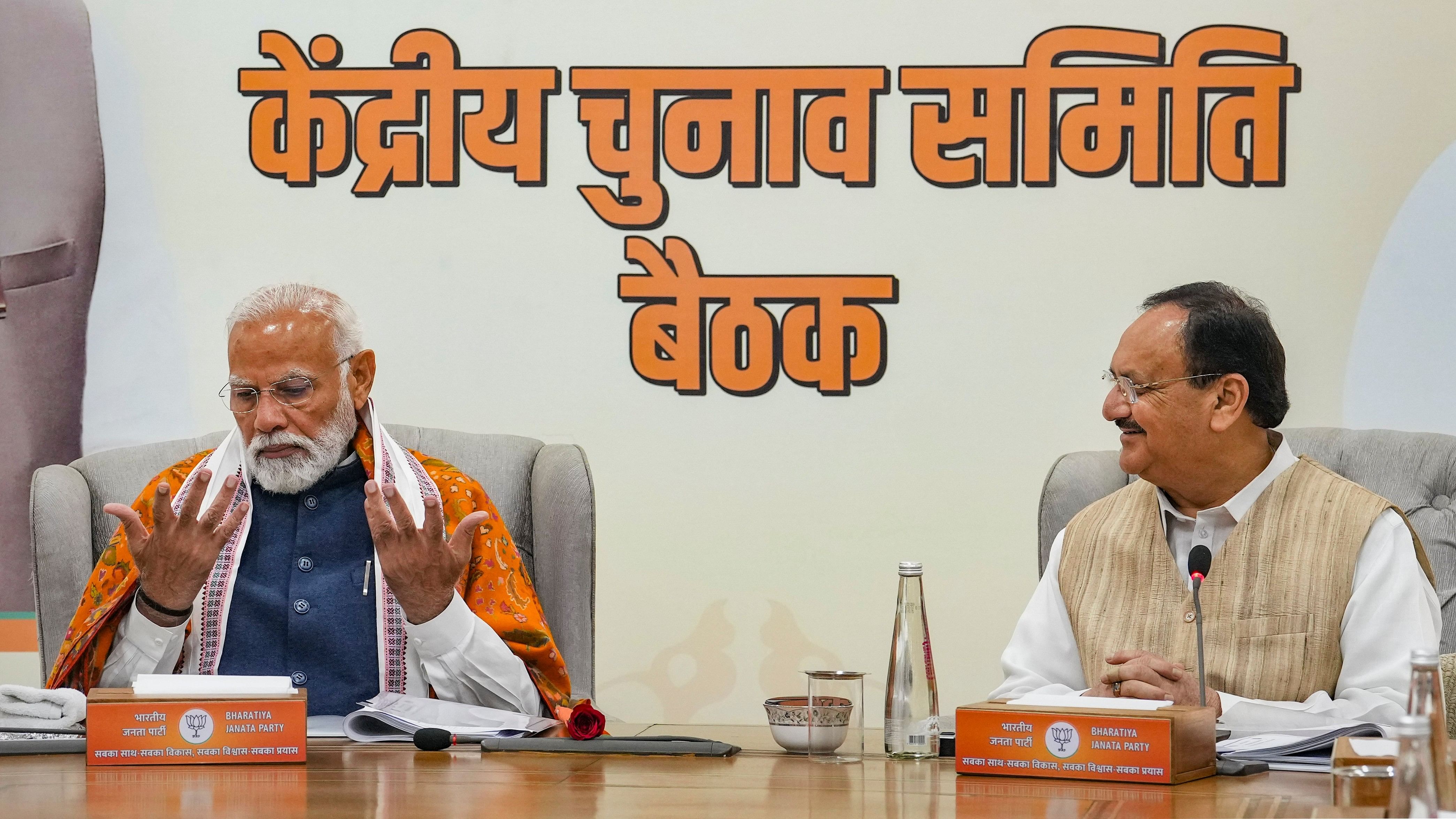 <div class="paragraphs"><p>Prime Minister Narendra Modi with BJP National President J P Nadda during the BJP's Central Election Committee (CEC) meeting to finalise the first list of candidates for the upcoming Lok Sabha polls, in New Delhi, Thursday, Feb. 29, 2024. </p></div>