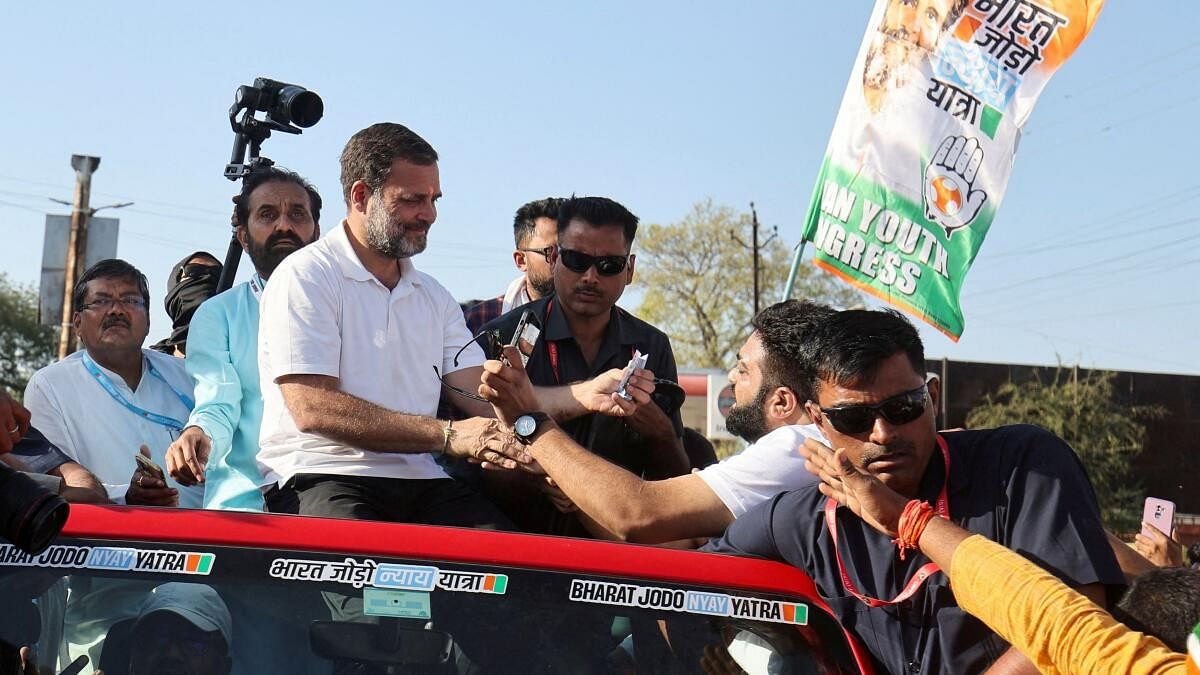 <div class="paragraphs"><p>Rahul Gandhi shakes hands with supporters amid the Bharat Jodo Nyay Yatra.&nbsp;</p></div>