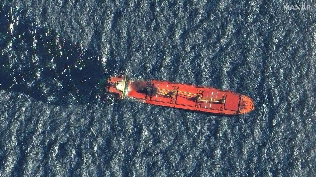 <div class="paragraphs"><p>A satellite image shows the cargo ship Rubymar before it sank, on the Red Sea.</p></div>