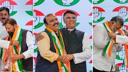 <div class="paragraphs"><p>A combo of photos of newly-joined Congress leaders. From left, former MP Lal Singh, Lok Sabha MP Danish Ali and Jan Adhikar Party chief Pappu Yadav with Congress leader Pawan Khera, at AICC Headquarters, in New Delhi, Wednesday, March 20, 2024. </p></div>