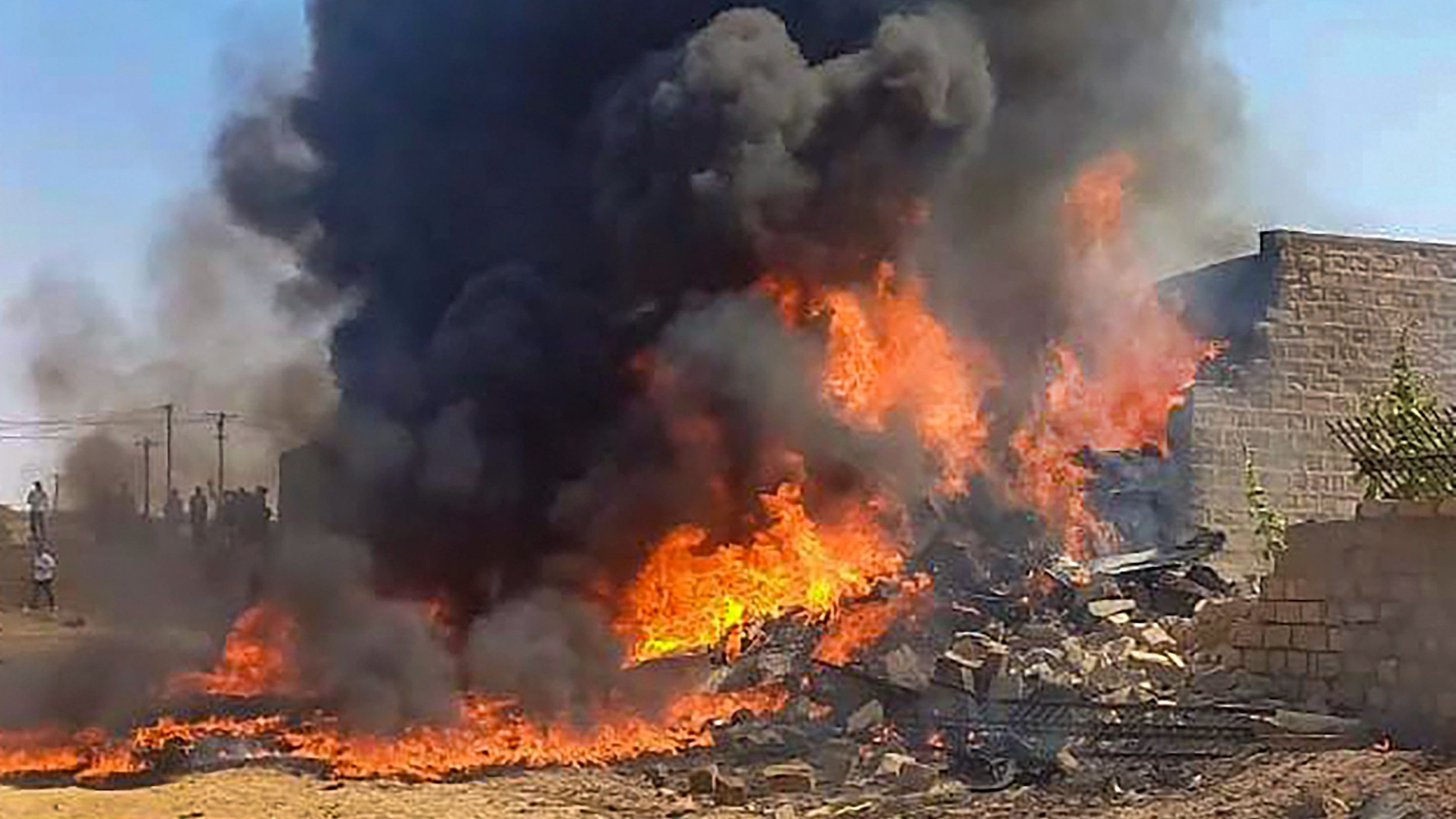 <div class="paragraphs"><p> A Tejas aircraft of the IAF in flames after it crashed during an operational training sortie, near Jaisalmer, Tuesday, March 12, 2024. </p></div>