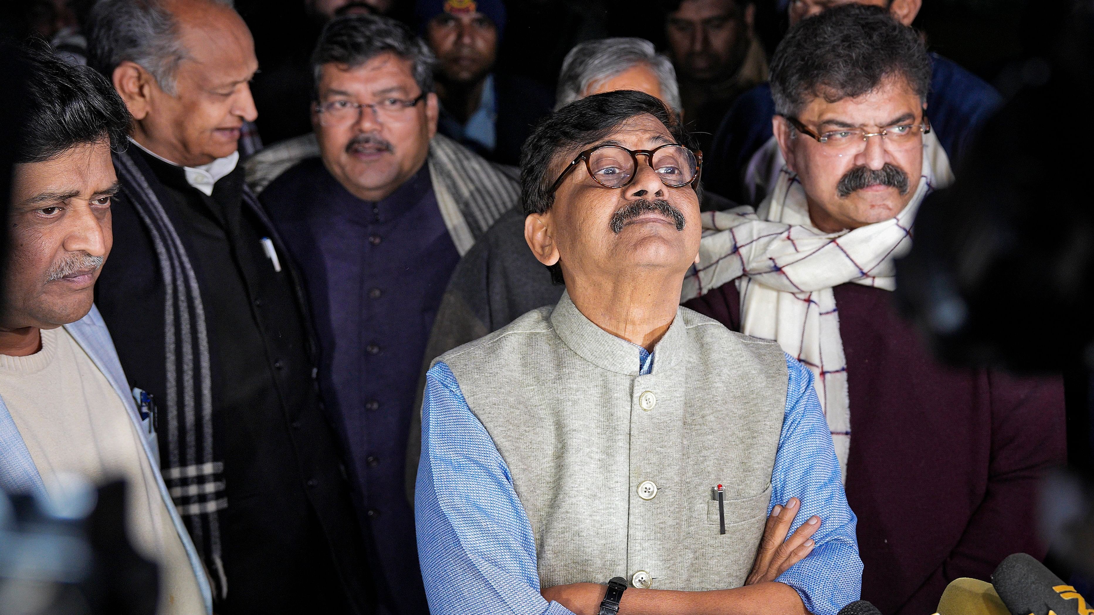 <div class="paragraphs"><p>Shiv Sena (UBT) MP Sanjay Raut with other opposition leaders speaks to the media.</p></div>