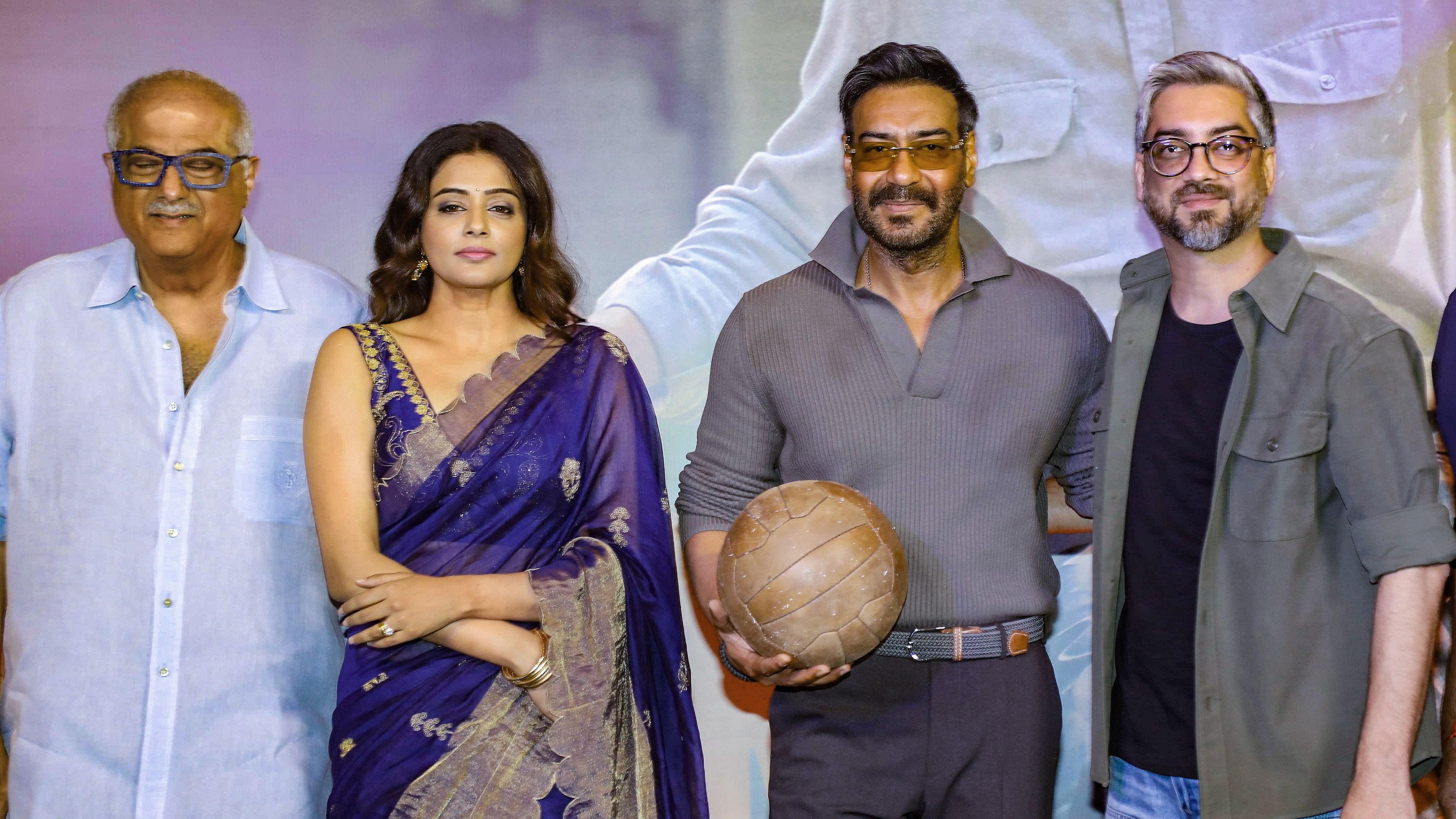 <div class="paragraphs"><p>Actors Ajay Devgn and Priyamani with producer Boney Kapoor and director Amit Sharma during the trailer launch of upcoming film Maidaan, in Mumbai, Thursday, March 7, 2024. </p></div>