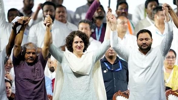 <div class="paragraphs"><p>Congress leader Priyanka Gandhi with RJD leader Tejaswi Yadav and Vanchit Bahujan Aaghadi leader Prakash Ambedkar during a rally in Mumbai, Sunday, March 17, 2024. </p></div>